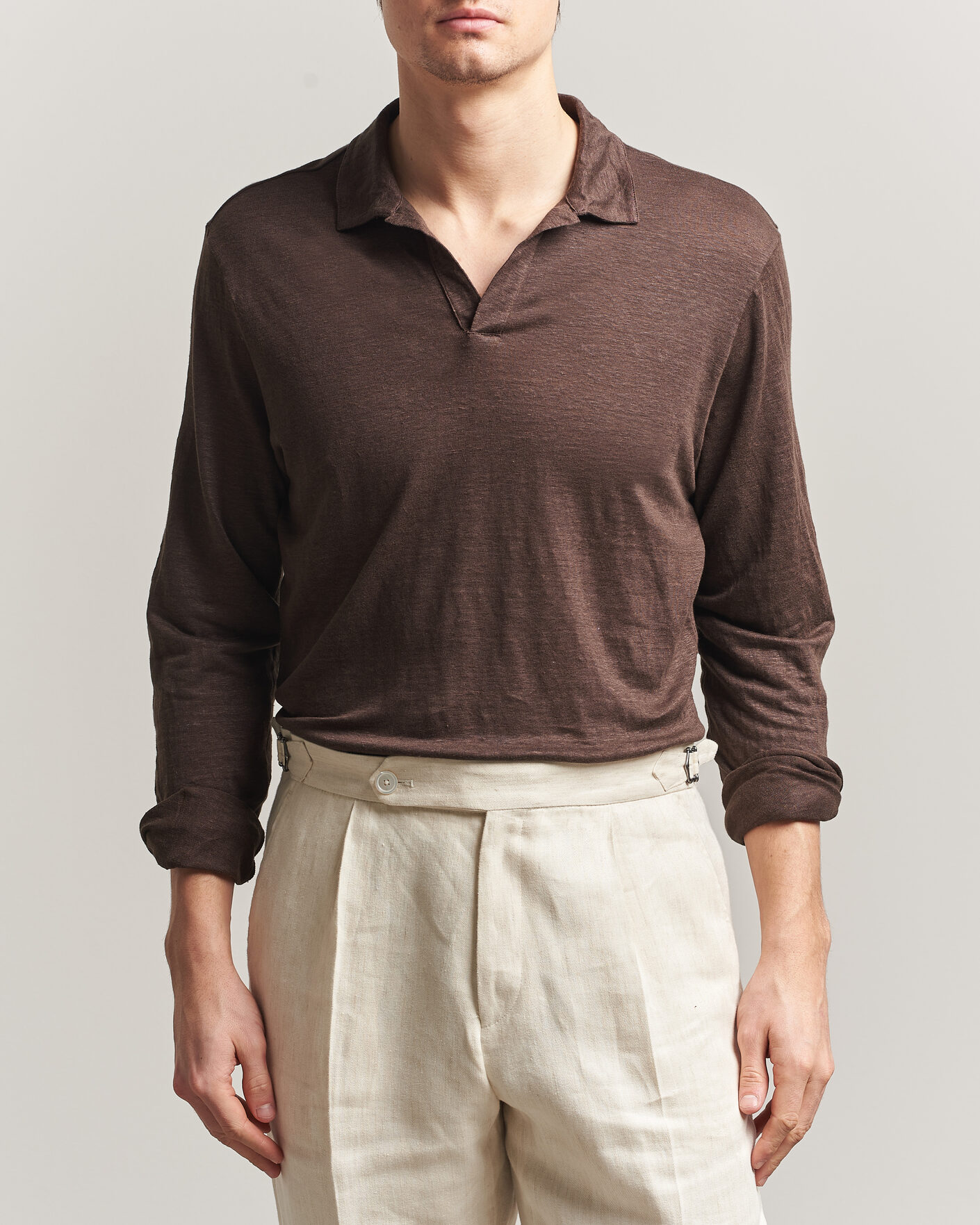 Herr | Pikéer | Gran Sasso | Washed Linen Long Sleeve Polo Brown Melange