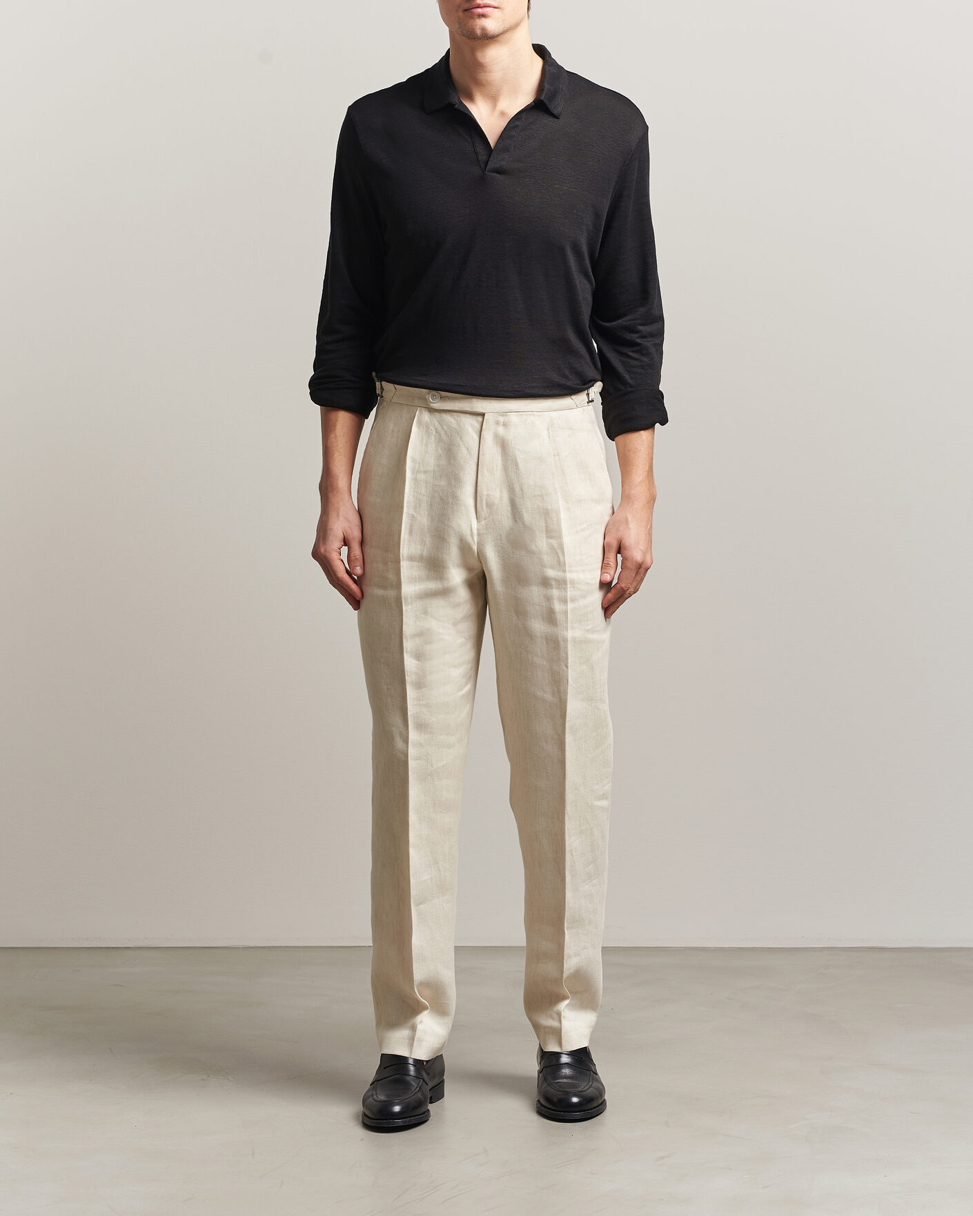Herr | Pikéer | Gran Sasso | Washed Linen Long Sleeve Polo Black