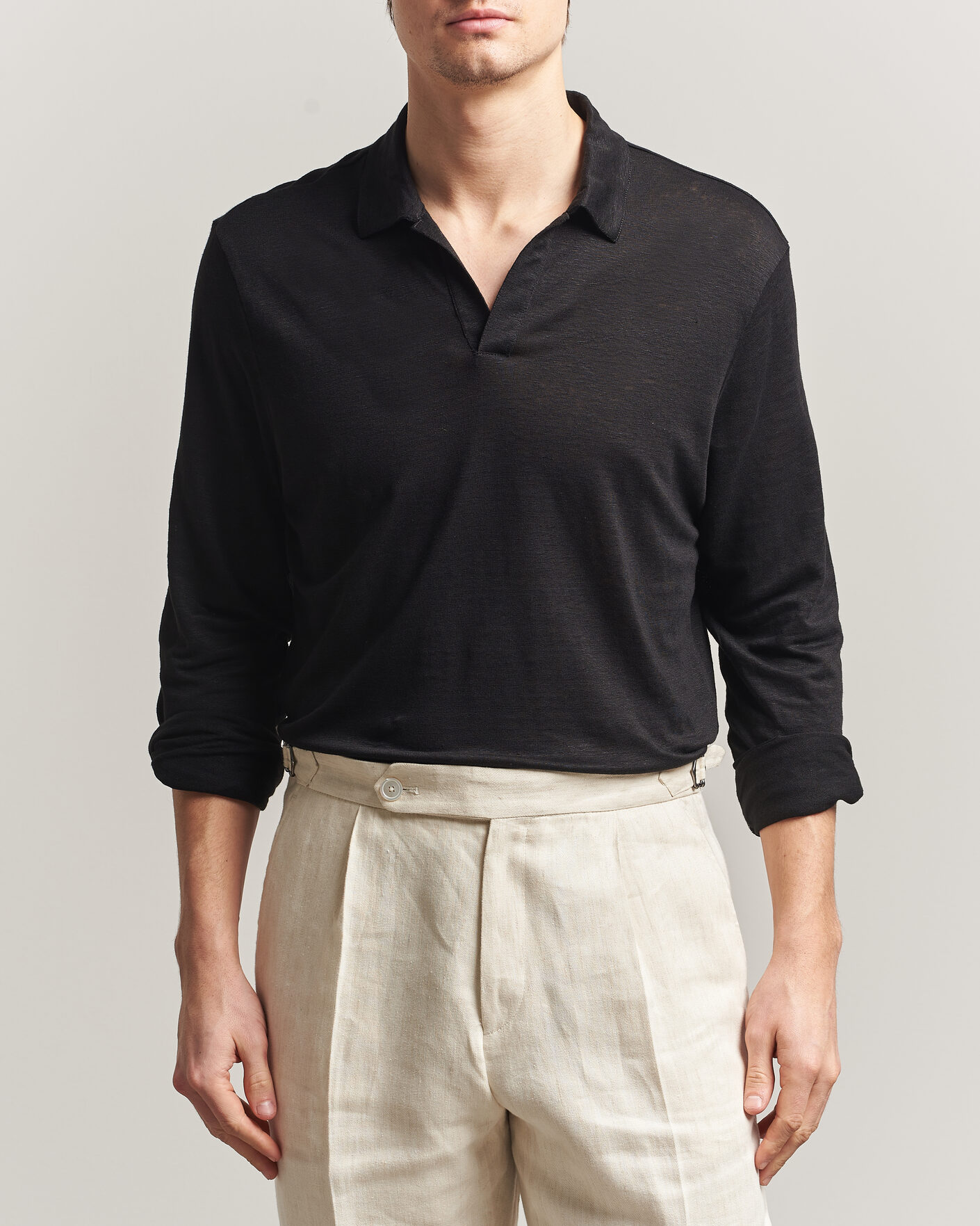Herr | Pikéer | Gran Sasso | Washed Linen Long Sleeve Polo Black