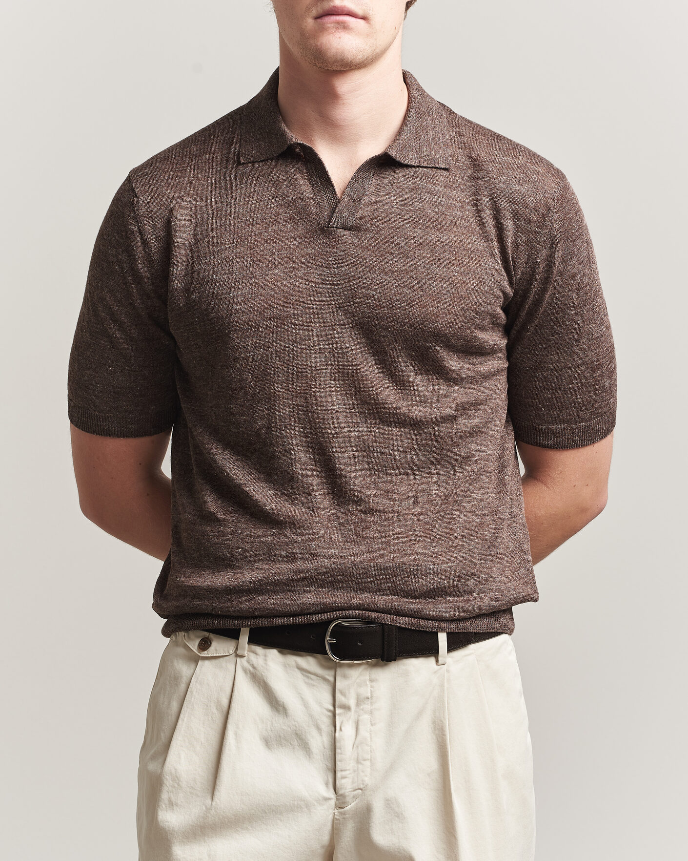 Herr | Pikéer | Gran Sasso | Washed Knitted Linen Polo Brown Melange
