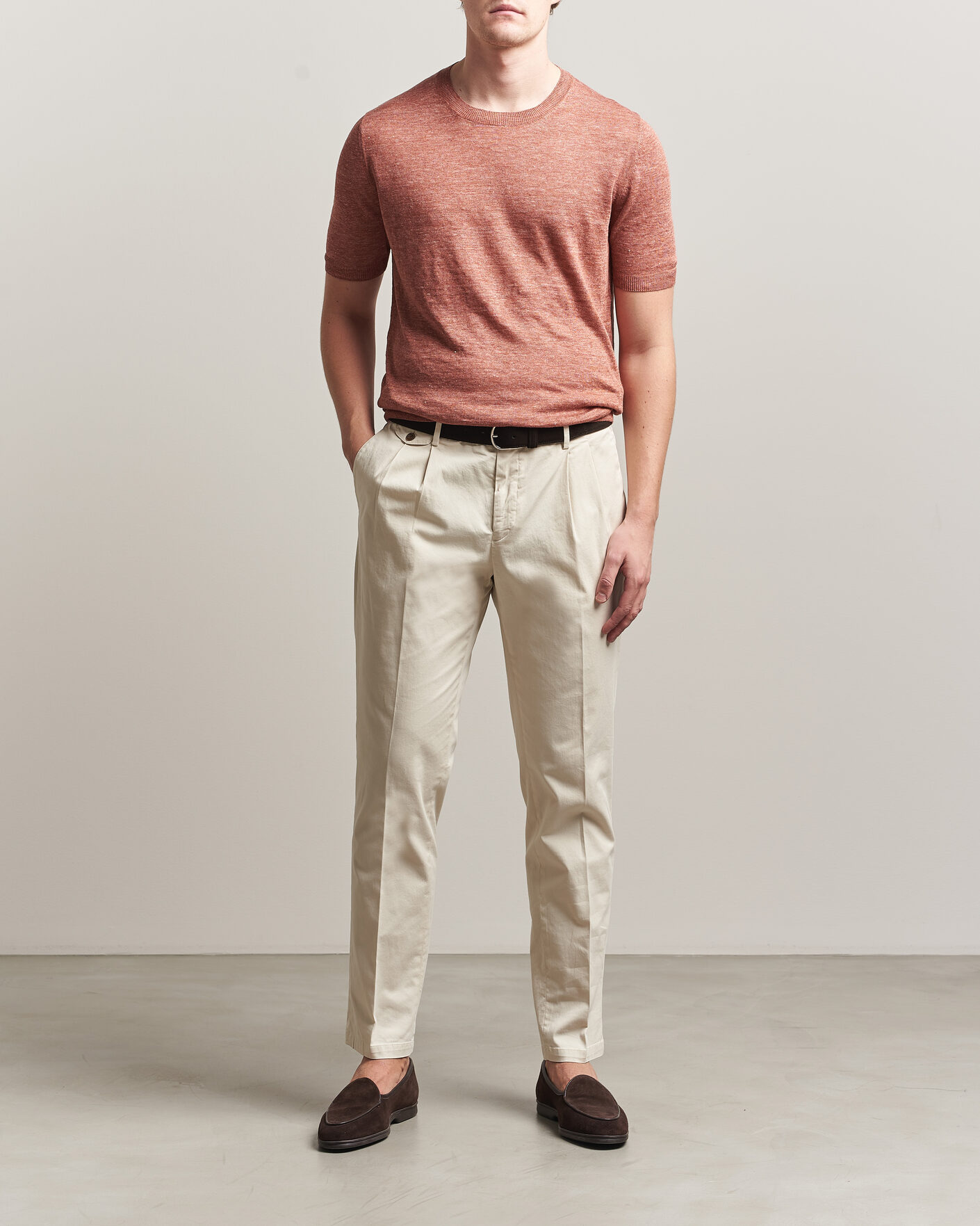 Herr | T-Shirts | Gran Sasso | Washed Knitted Linen T-Shirt Apricot Orange Melange