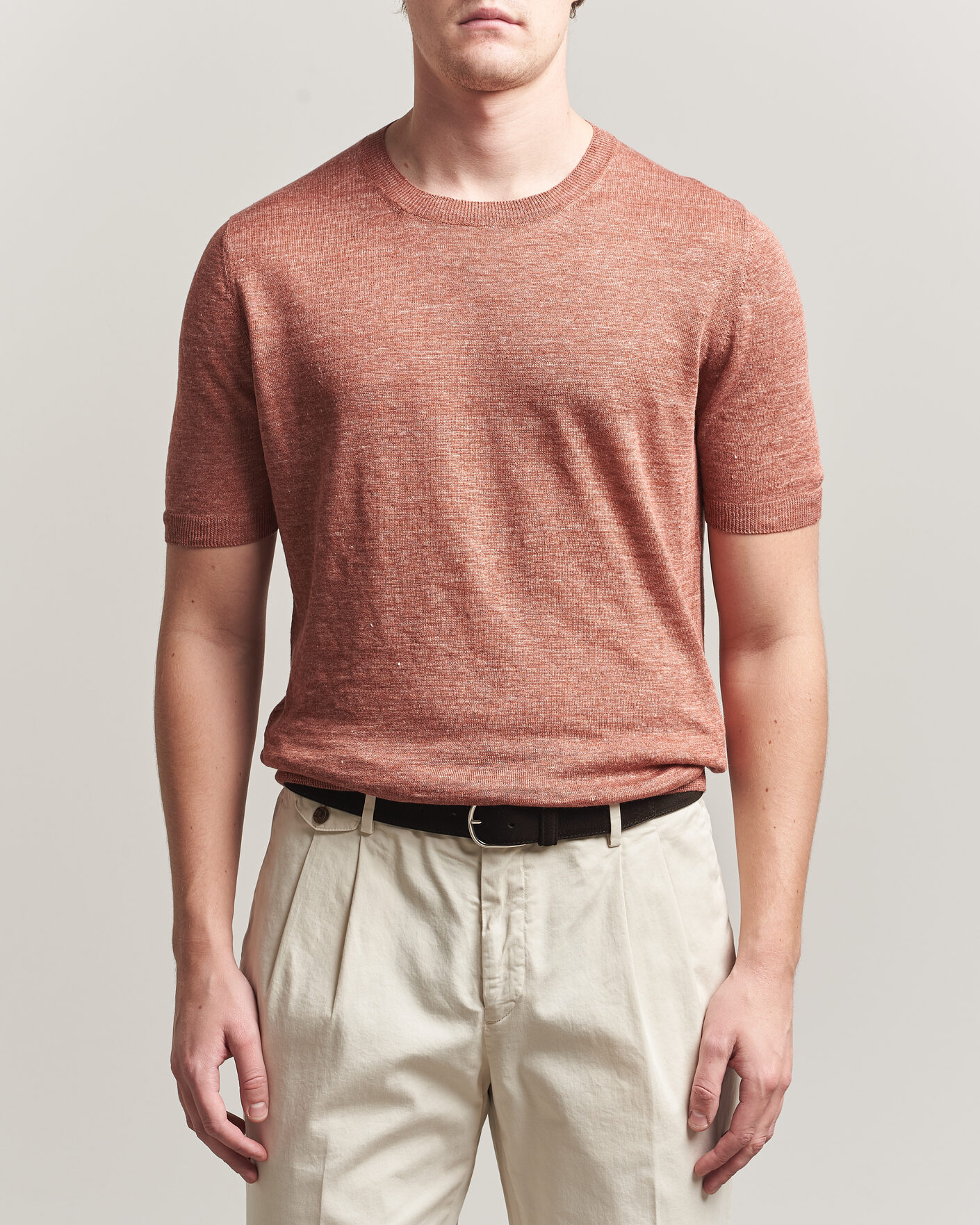 Herr | T-Shirts | Gran Sasso | Washed Knitted Linen T-Shirt Apricot Orange Melange