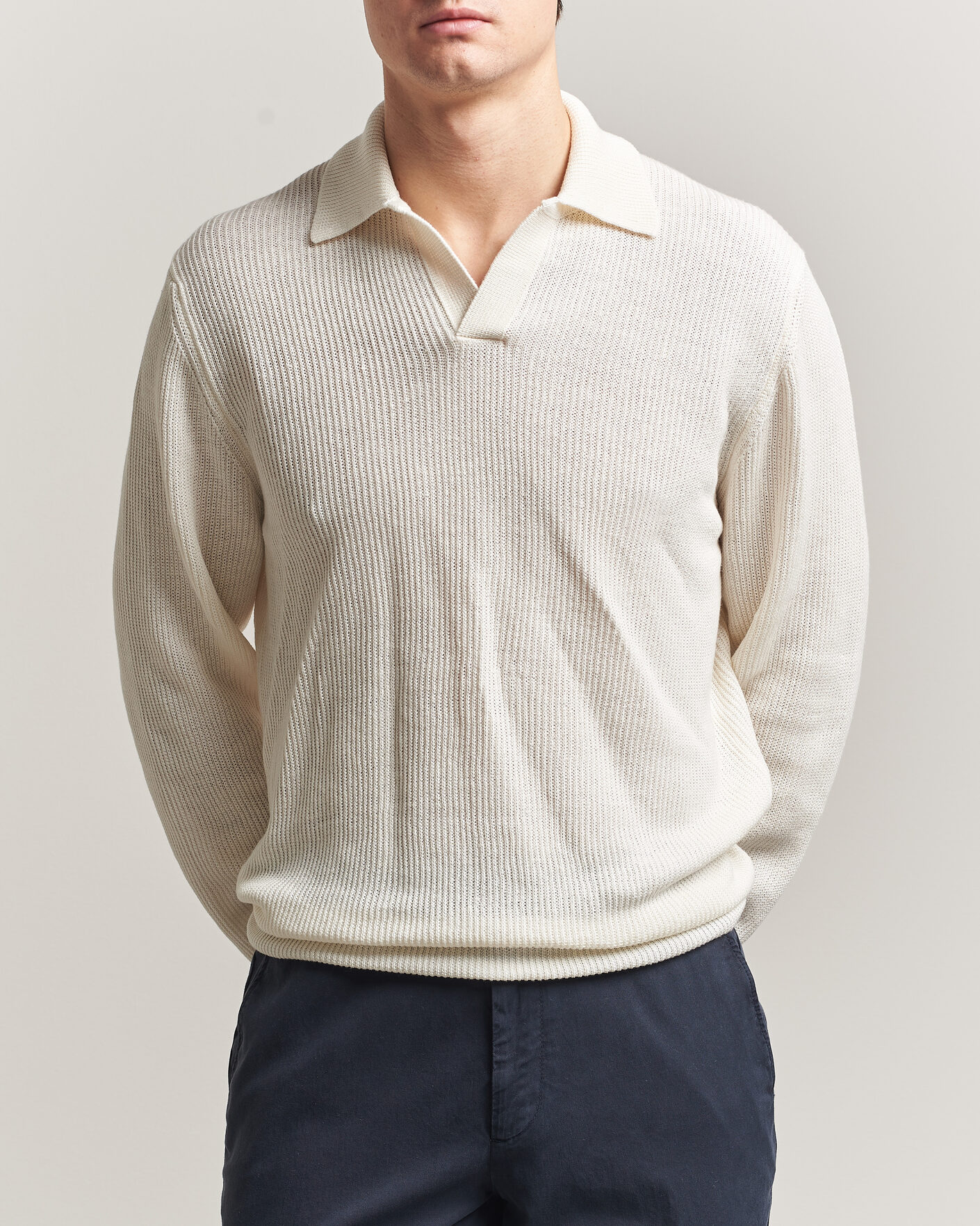 Herr | Tröjor | Gran Sasso | Linen/Cotton Open Collar Knitted Polo Cream