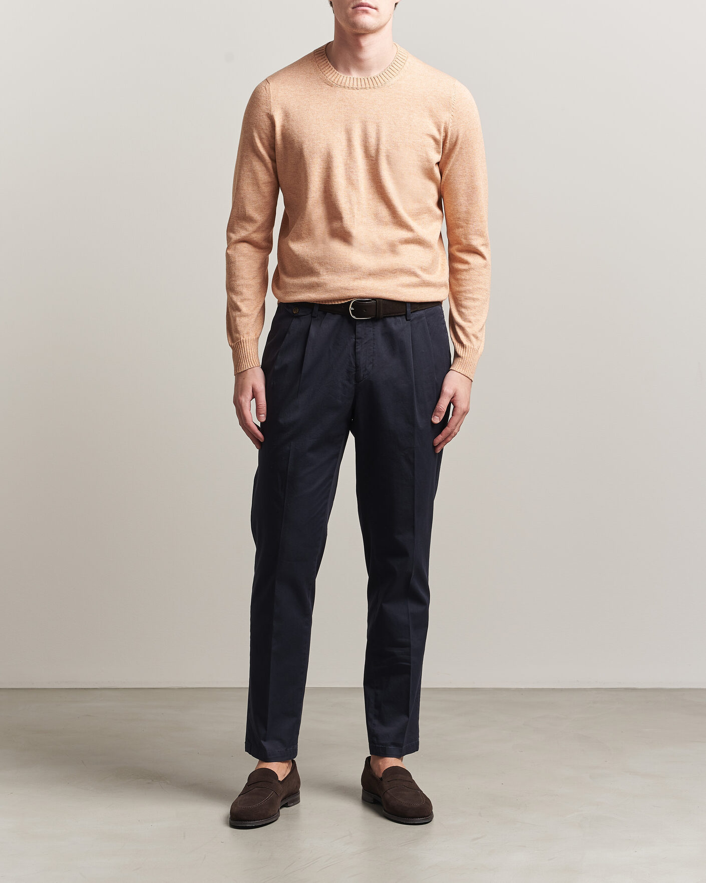 Herr | Tröjor | Gran Sasso | Cotton/Cashmere Knitted Crew Neck Sweater Apricot Orange Melange