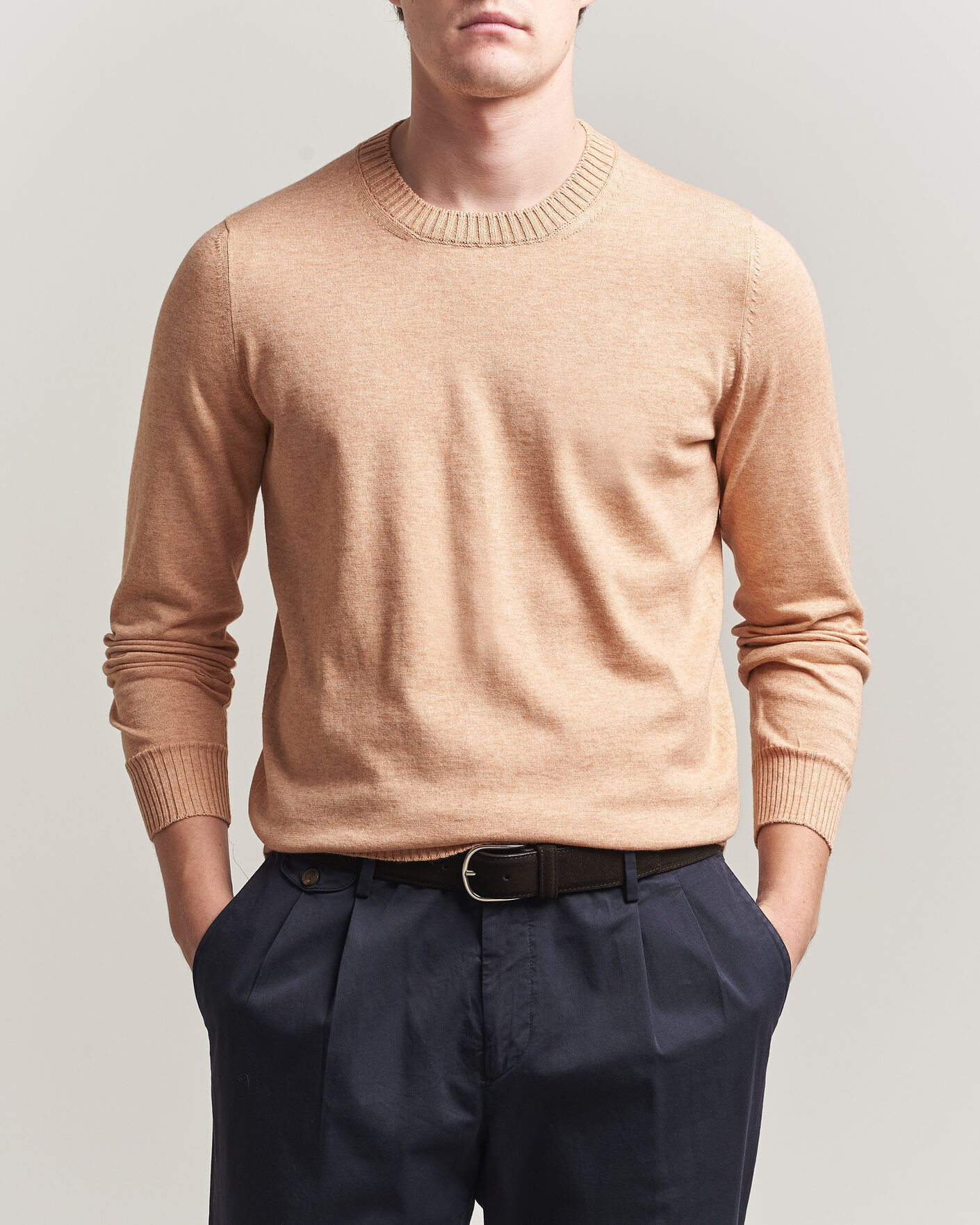 Herr | Tröjor | Gran Sasso | Cotton/Cashmere Knitted Crew Neck Sweater Apricot Orange Melange