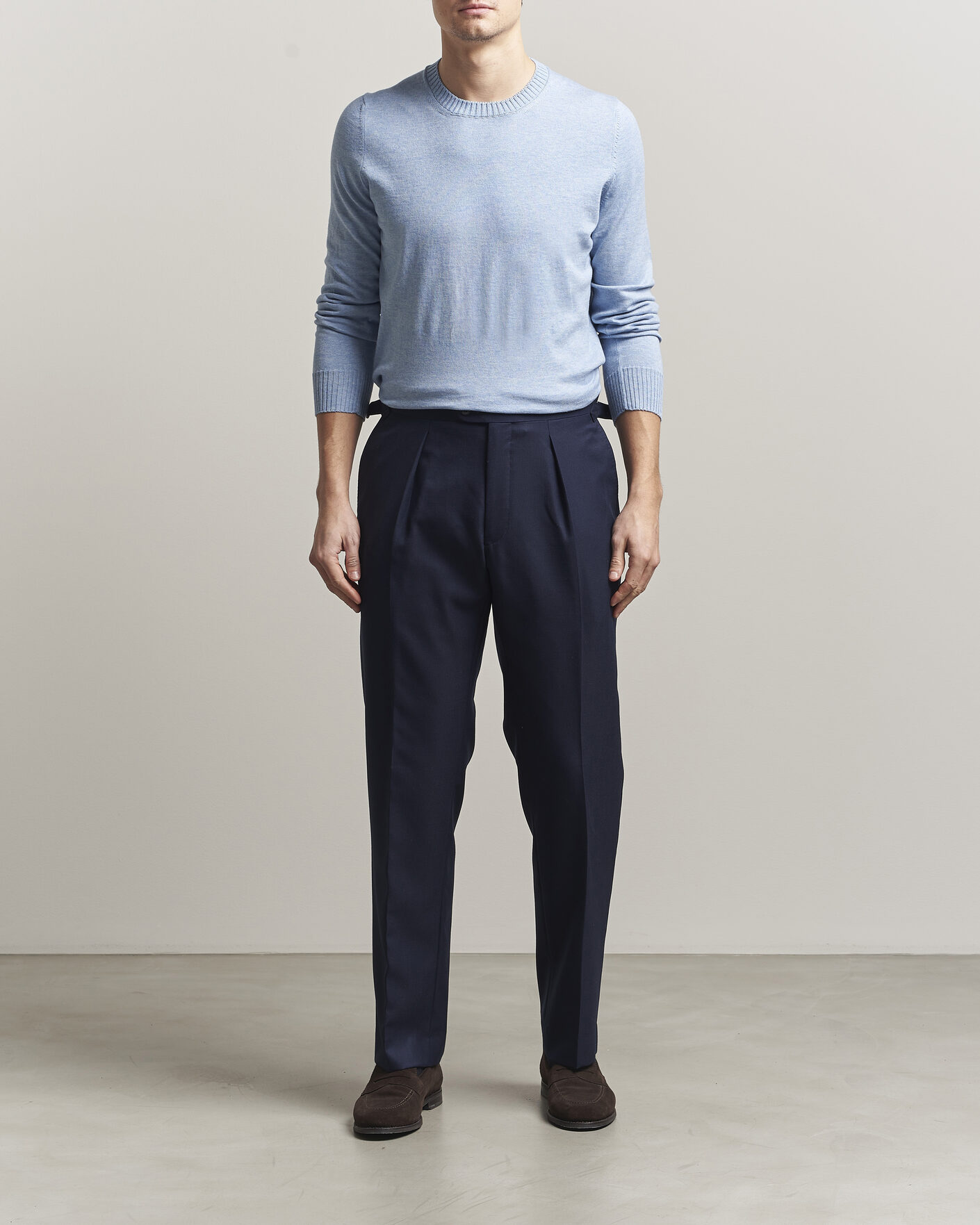 Herr | Tröjor | Gran Sasso | Cotton/Cashmere Knitted Crew Neck Sweater Blue Melange