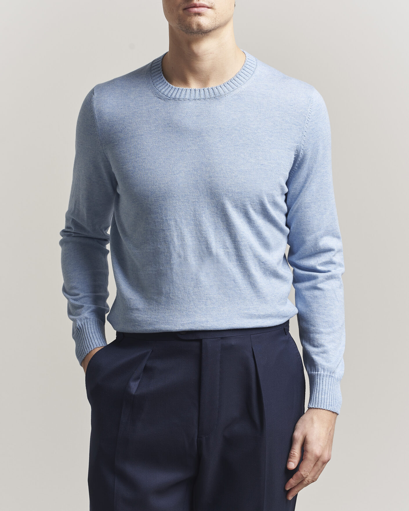 Herr | Tröjor | Gran Sasso | Cotton/Cashmere Knitted Crew Neck Sweater Blue Melange