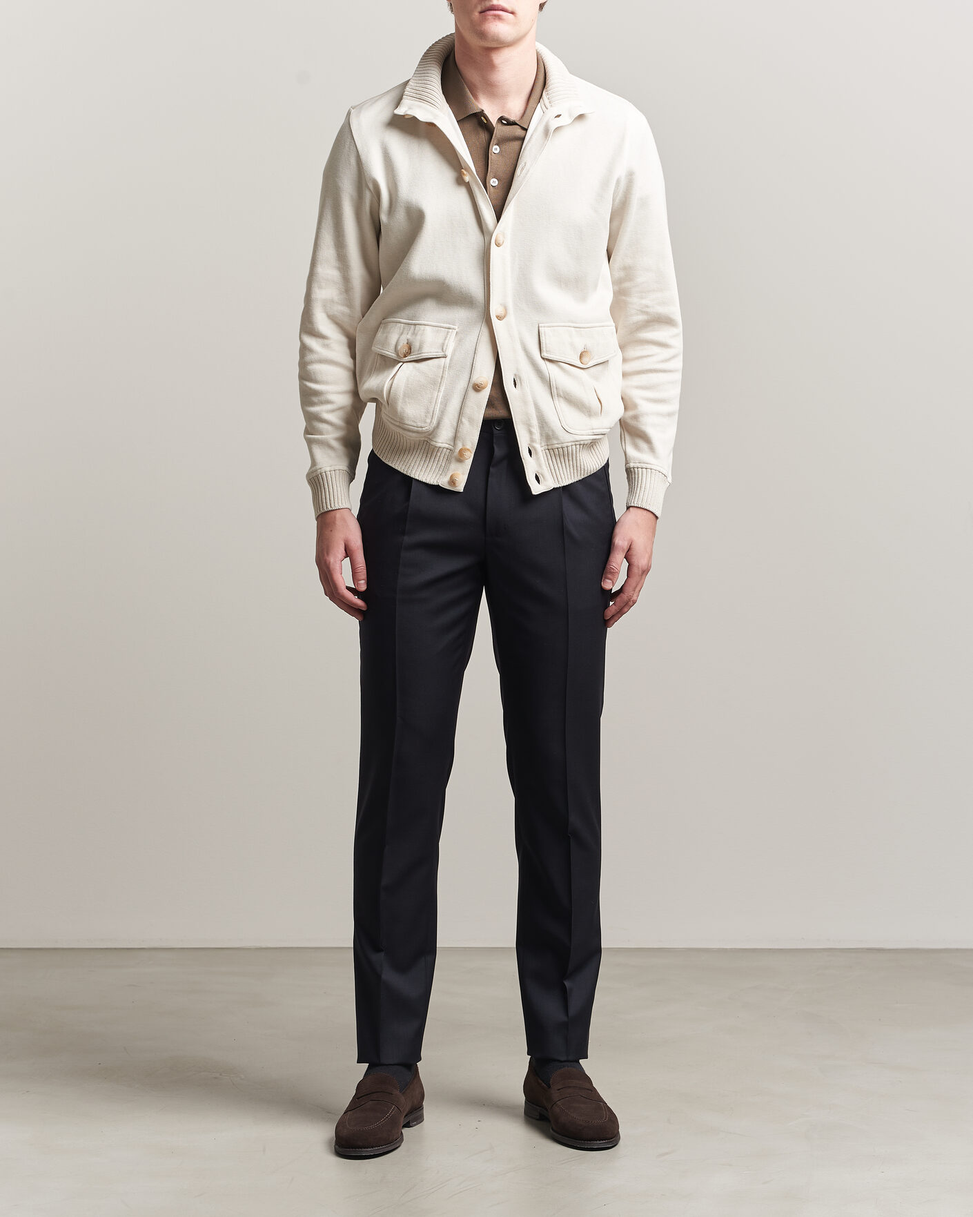 Herr | Jackor | Gran Sasso | Cotton Pocket Knitted Bomber Jacket Cream