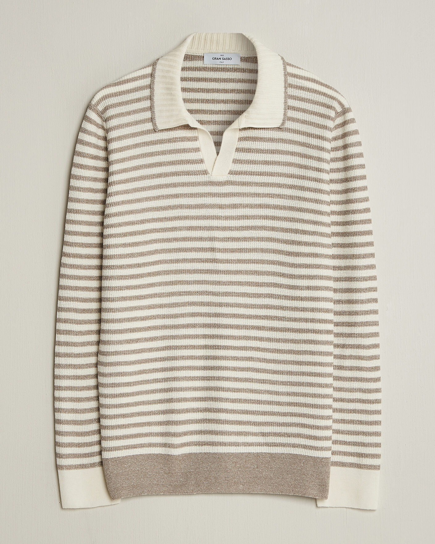 Herr | Tröjor | Gran Sasso | Linen/Cotton Knitted Striped Polo Beige/White