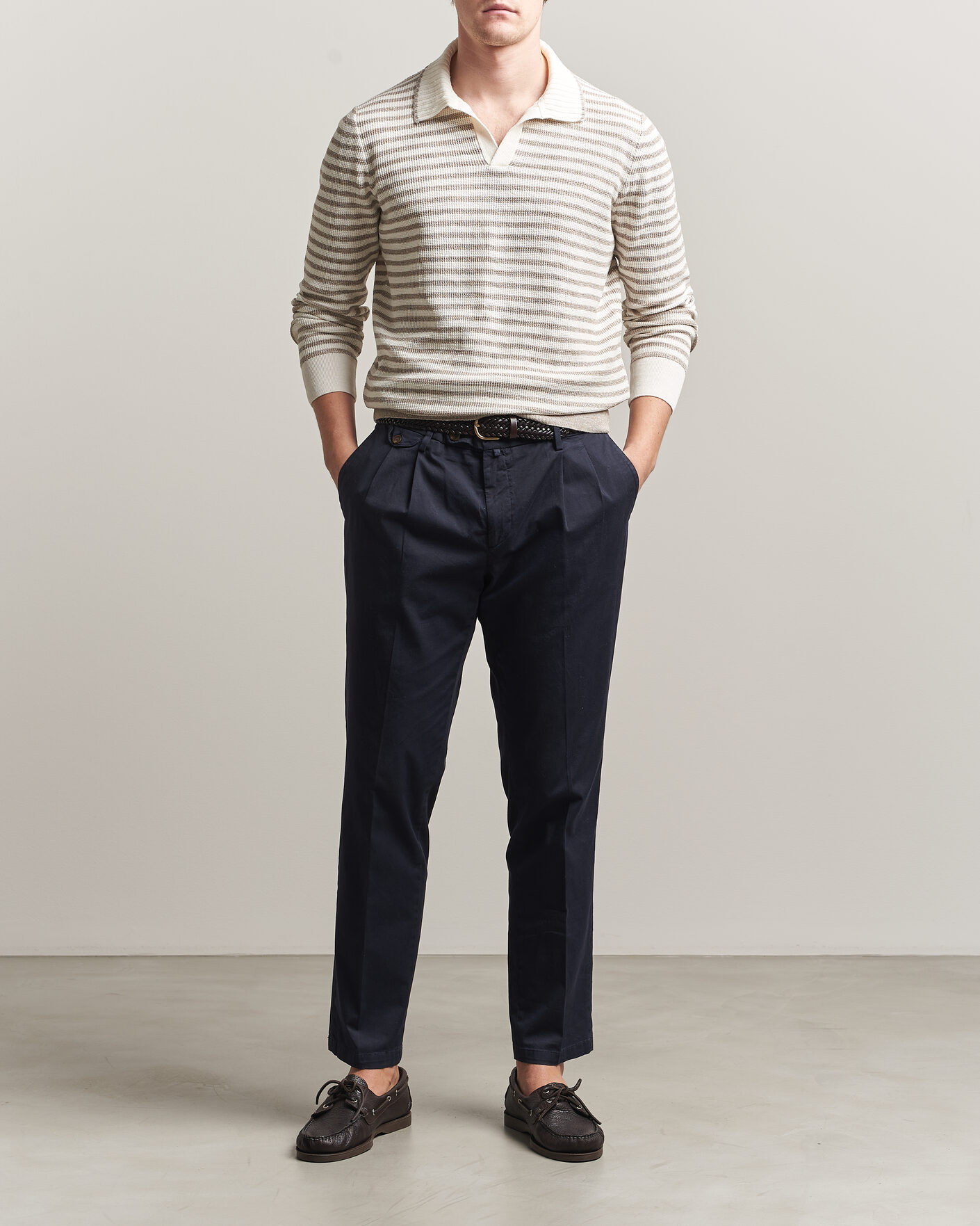 Herr | Tröjor | Gran Sasso | Linen/Cotton Knitted Striped Polo Beige/White