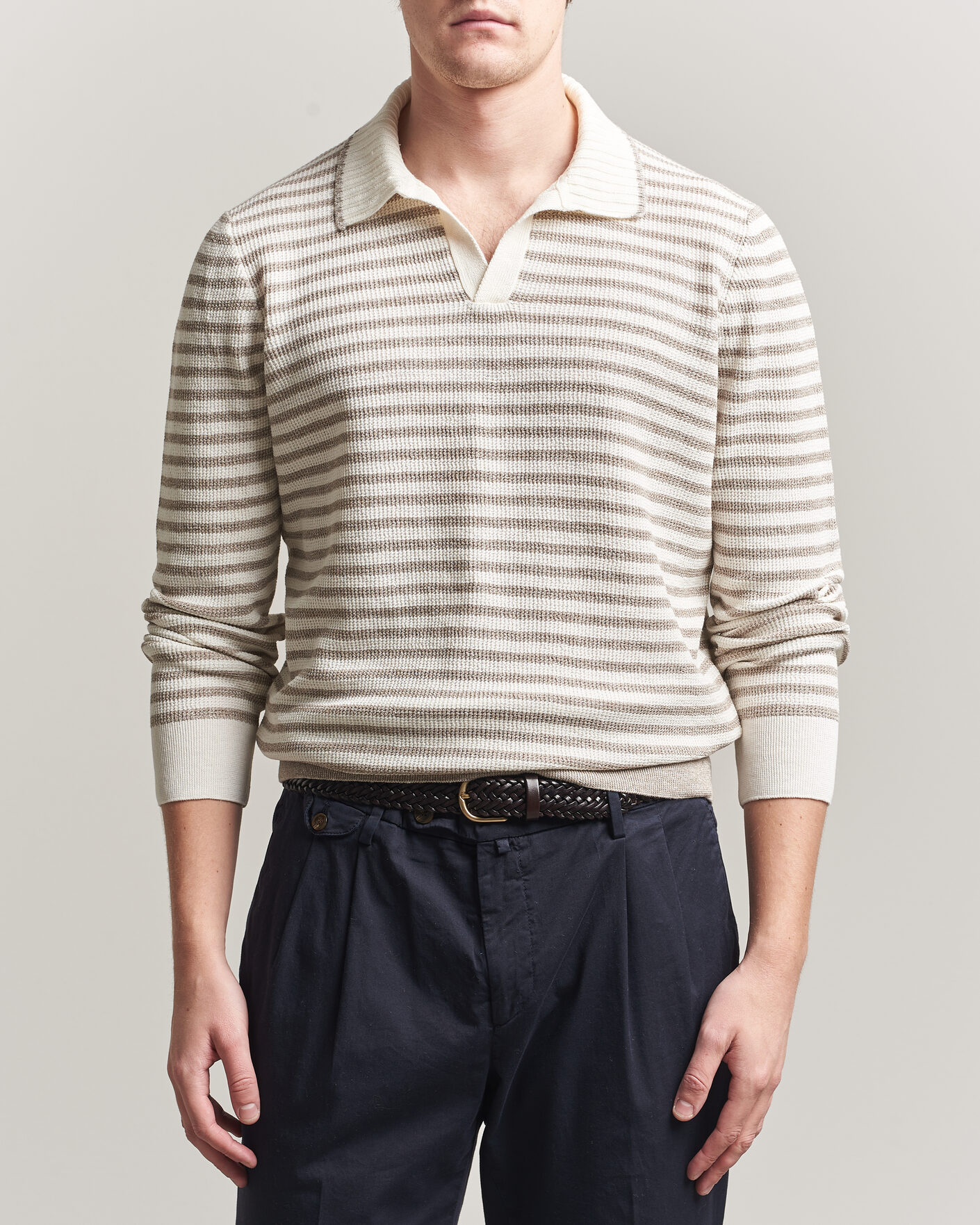 Herr | Tröjor | Gran Sasso | Linen/Cotton Knitted Striped Polo Beige/White
