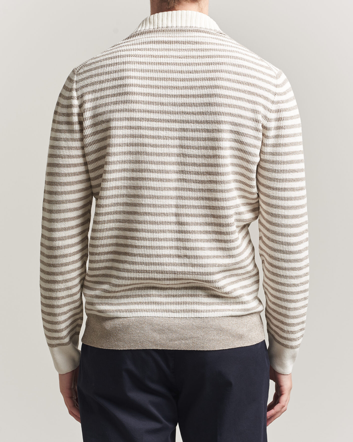 Herr | Tröjor | Gran Sasso | Linen/Cotton Knitted Striped Polo Beige/White