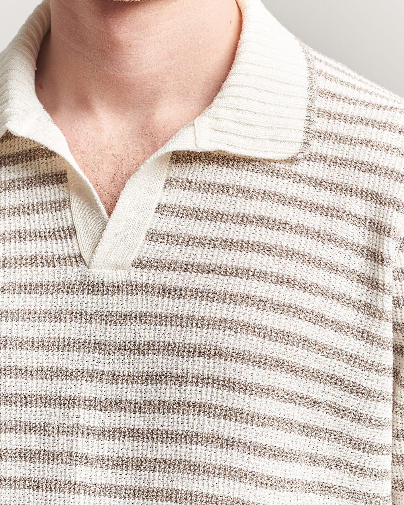 Herr | Tröjor | Gran Sasso | Linen/Cotton Knitted Striped Polo Beige/White