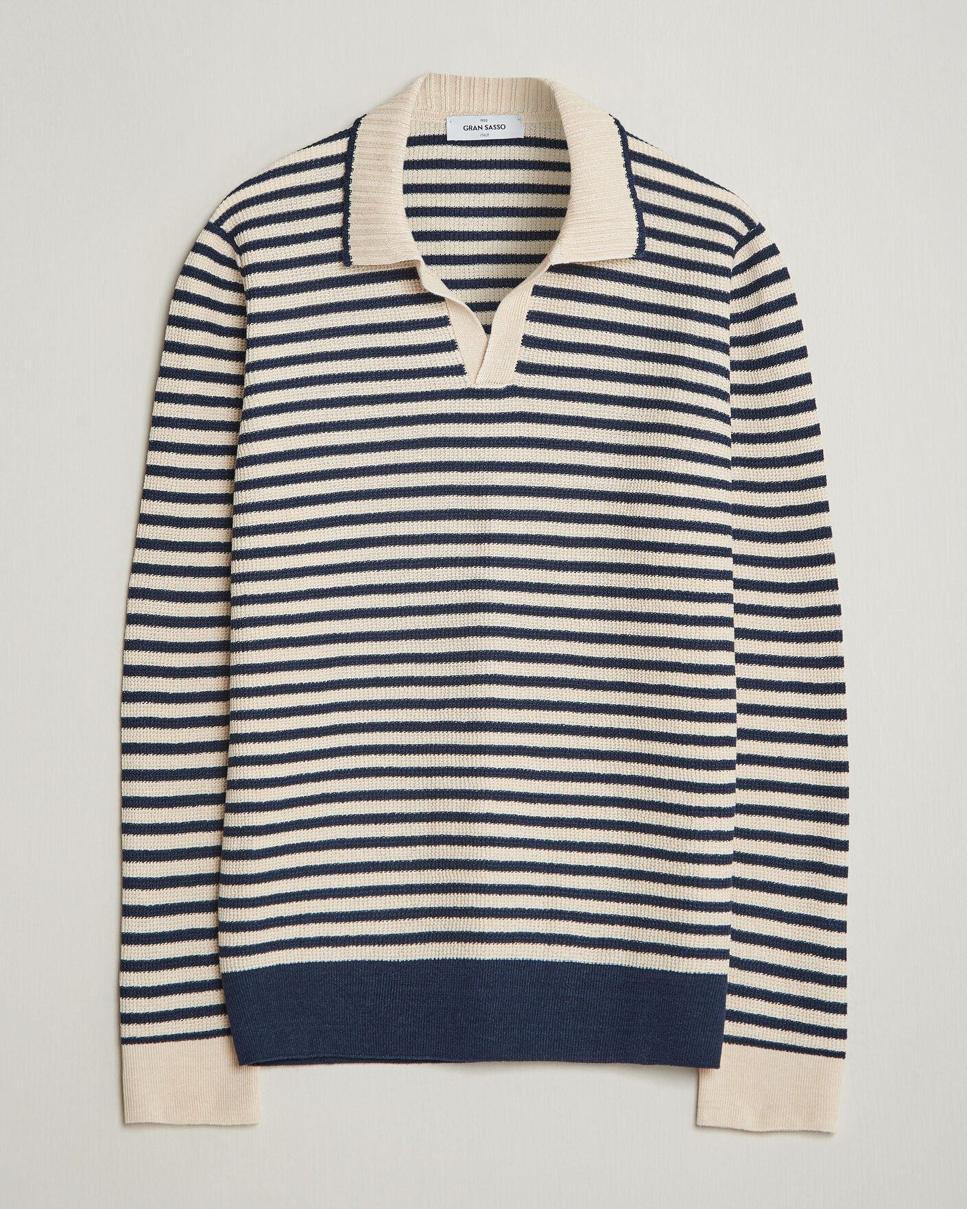 Herr | Tröjor | Gran Sasso | Linen/Cotton Knitted Striped Polo Navy/White