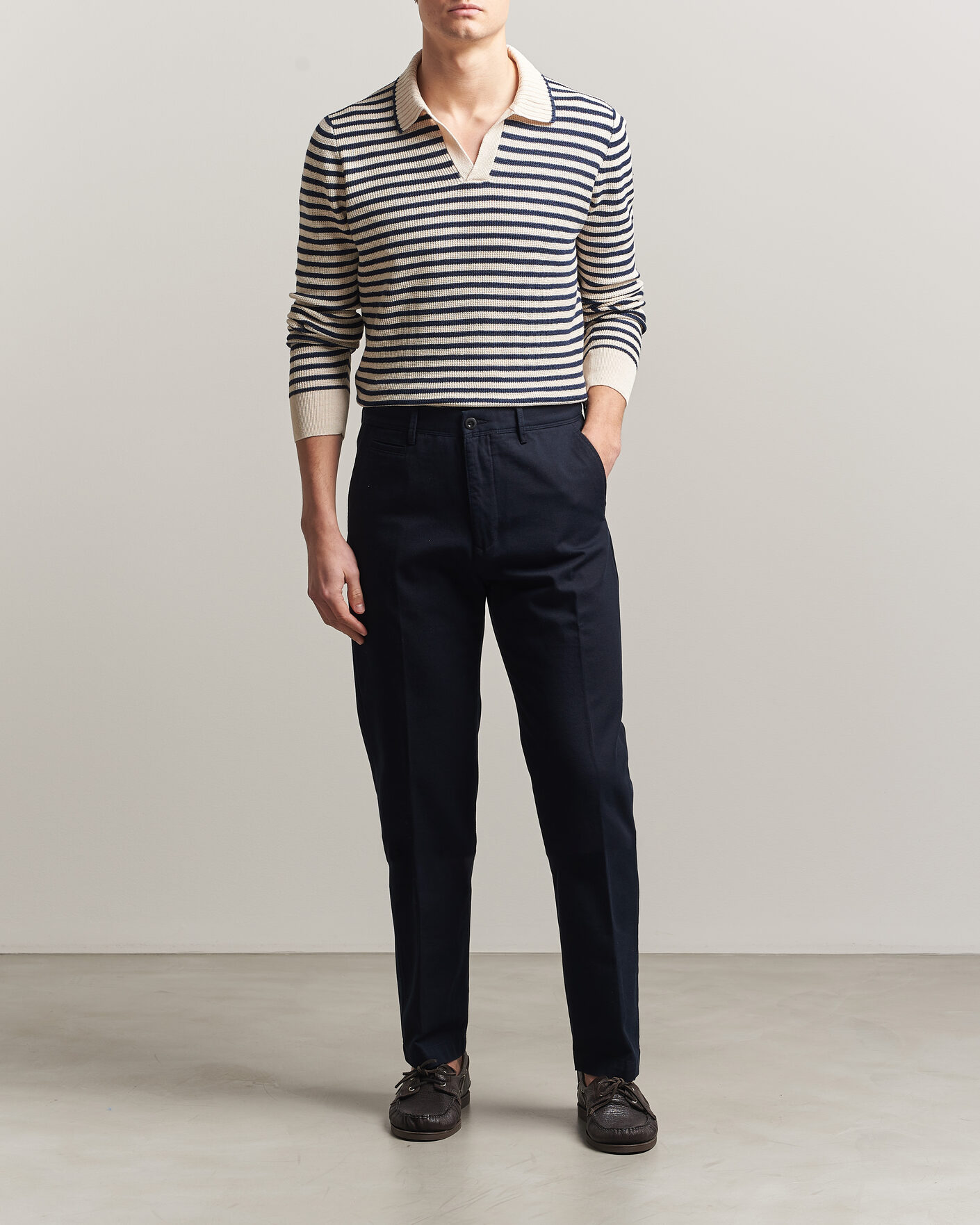 Herr | Tröjor | Gran Sasso | Linen/Cotton Knitted Striped Polo Navy/White