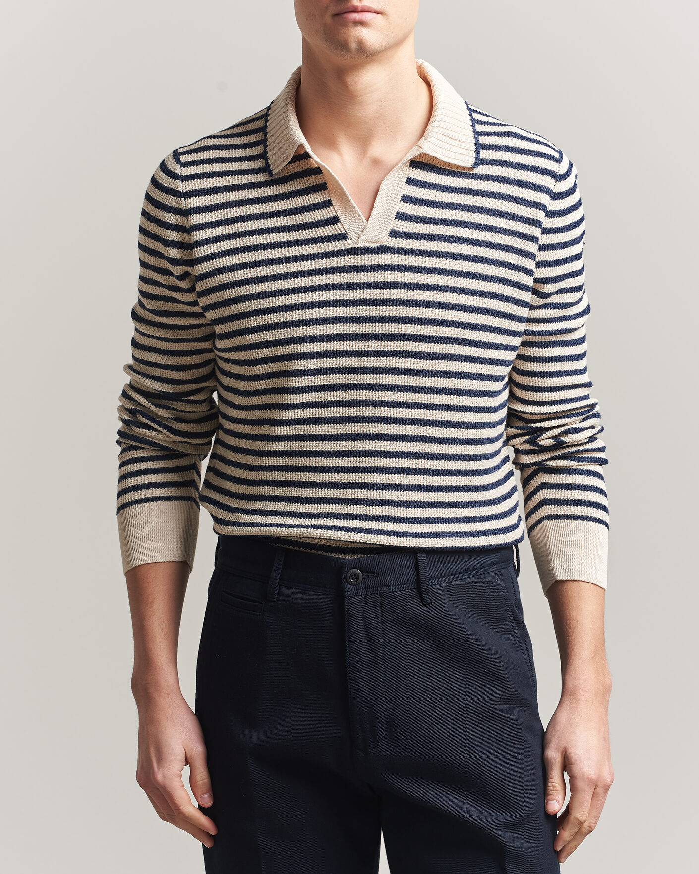 Herr | Tröjor | Gran Sasso | Linen/Cotton Knitted Striped Polo Navy/White