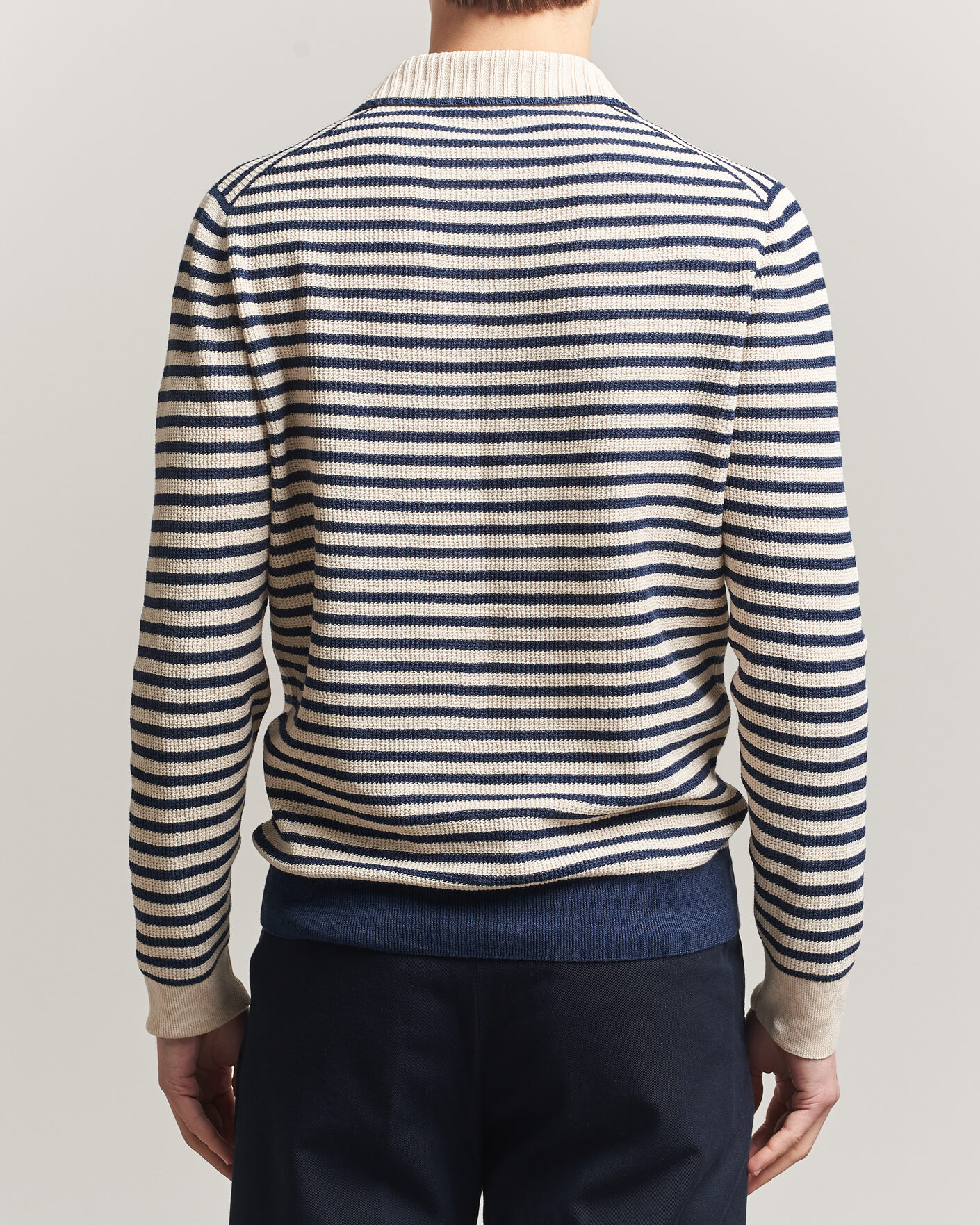 Herr | Tröjor | Gran Sasso | Linen/Cotton Knitted Striped Polo Navy/White