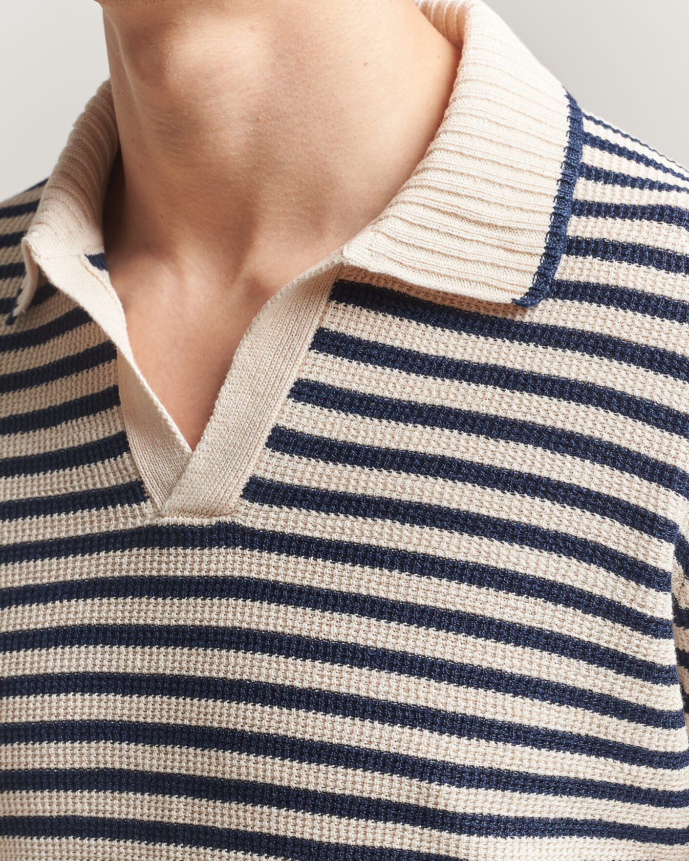 Herr | Tröjor | Gran Sasso | Linen/Cotton Knitted Striped Polo Navy/White