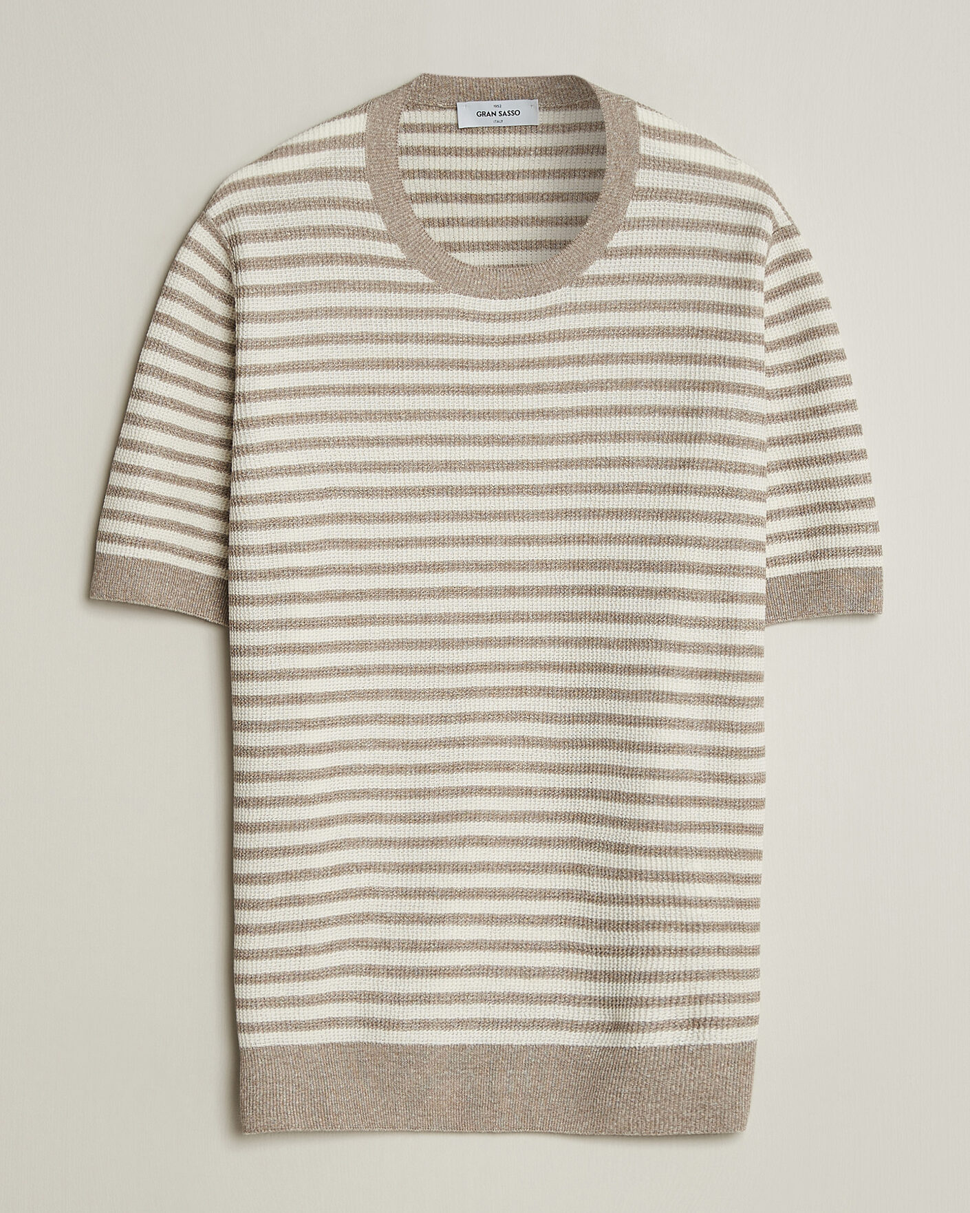 Herr | T-Shirts | Gran Sasso | Linen/Cotton Knitted Striped T-Shirt Beige/White
