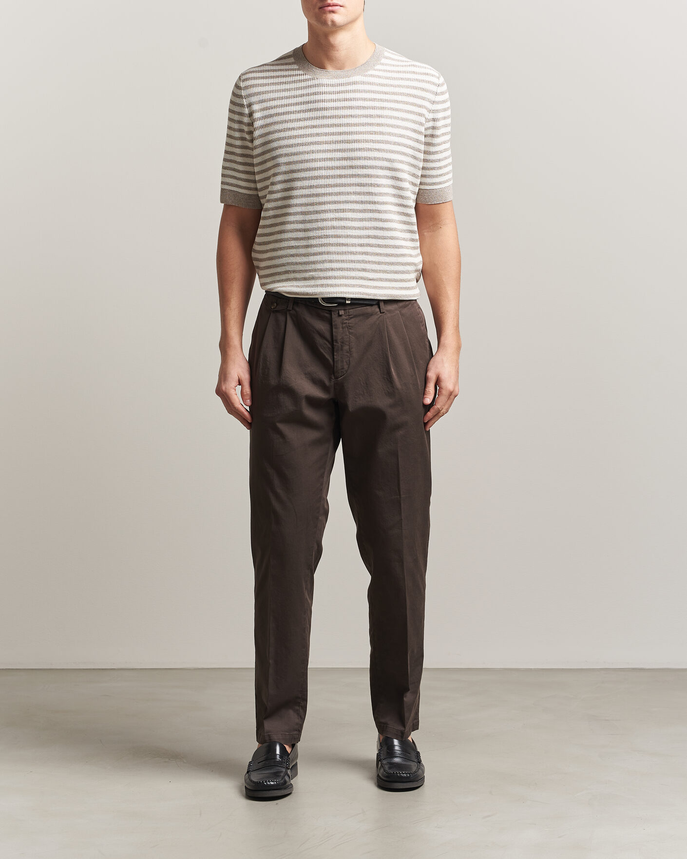 Herr | T-Shirts | Gran Sasso | Linen/Cotton Knitted Striped T-Shirt Beige/White