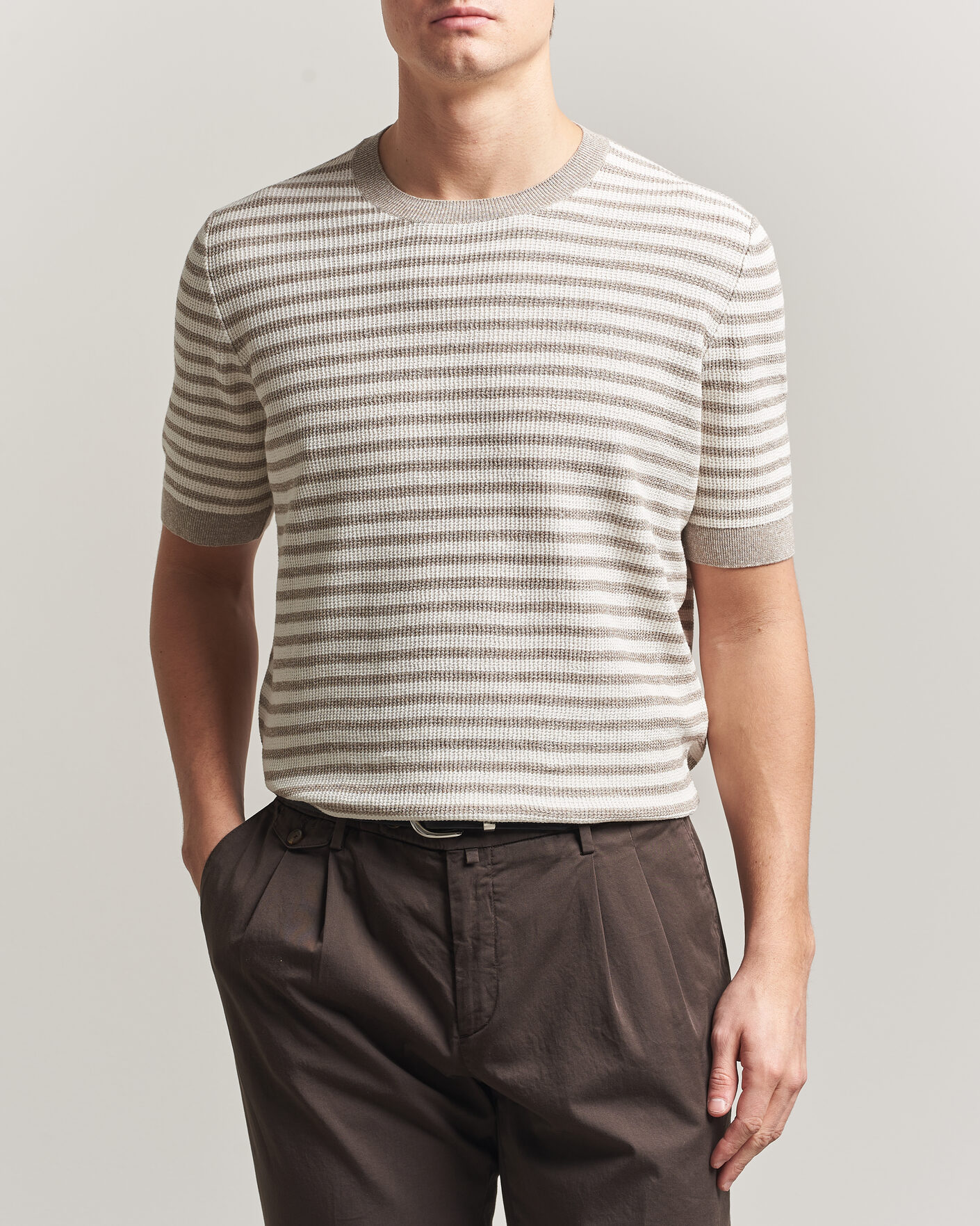 Herr | T-Shirts | Gran Sasso | Linen/Cotton Knitted Striped T-Shirt Beige/White