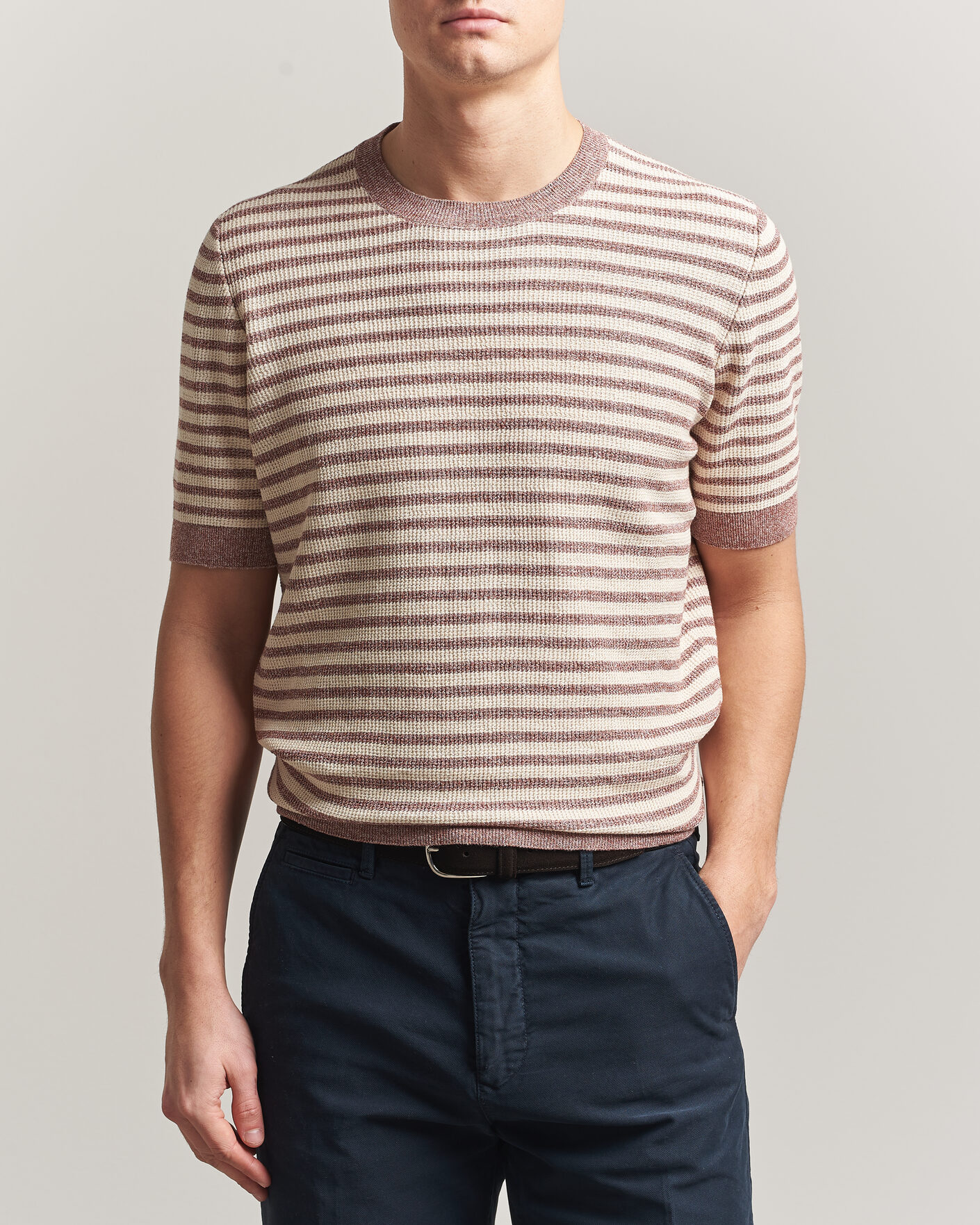 Herr | T-Shirts | Gran Sasso | Linen/Cotton Knitted Striped T-Shirt Red/White