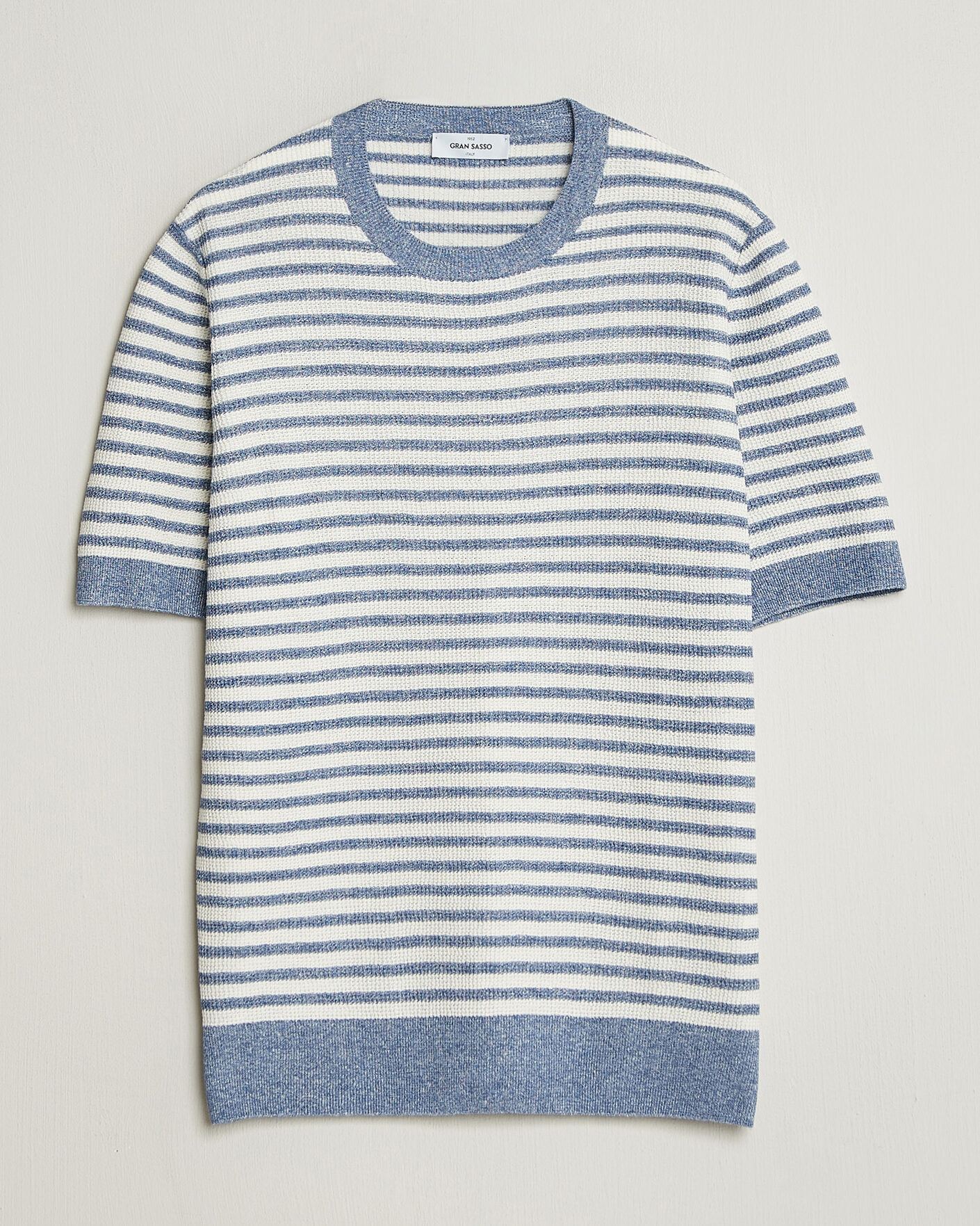 Herr | T-Shirts | Gran Sasso | Linen/Cotton Knitted Striped T-Shirt Blue/White