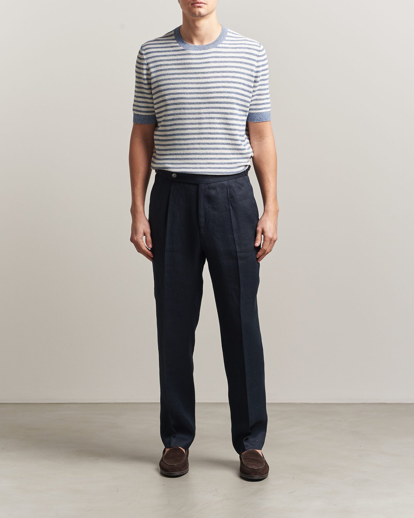 Herr | T-Shirts | Gran Sasso | Linen/Cotton Knitted Striped T-Shirt Blue/White