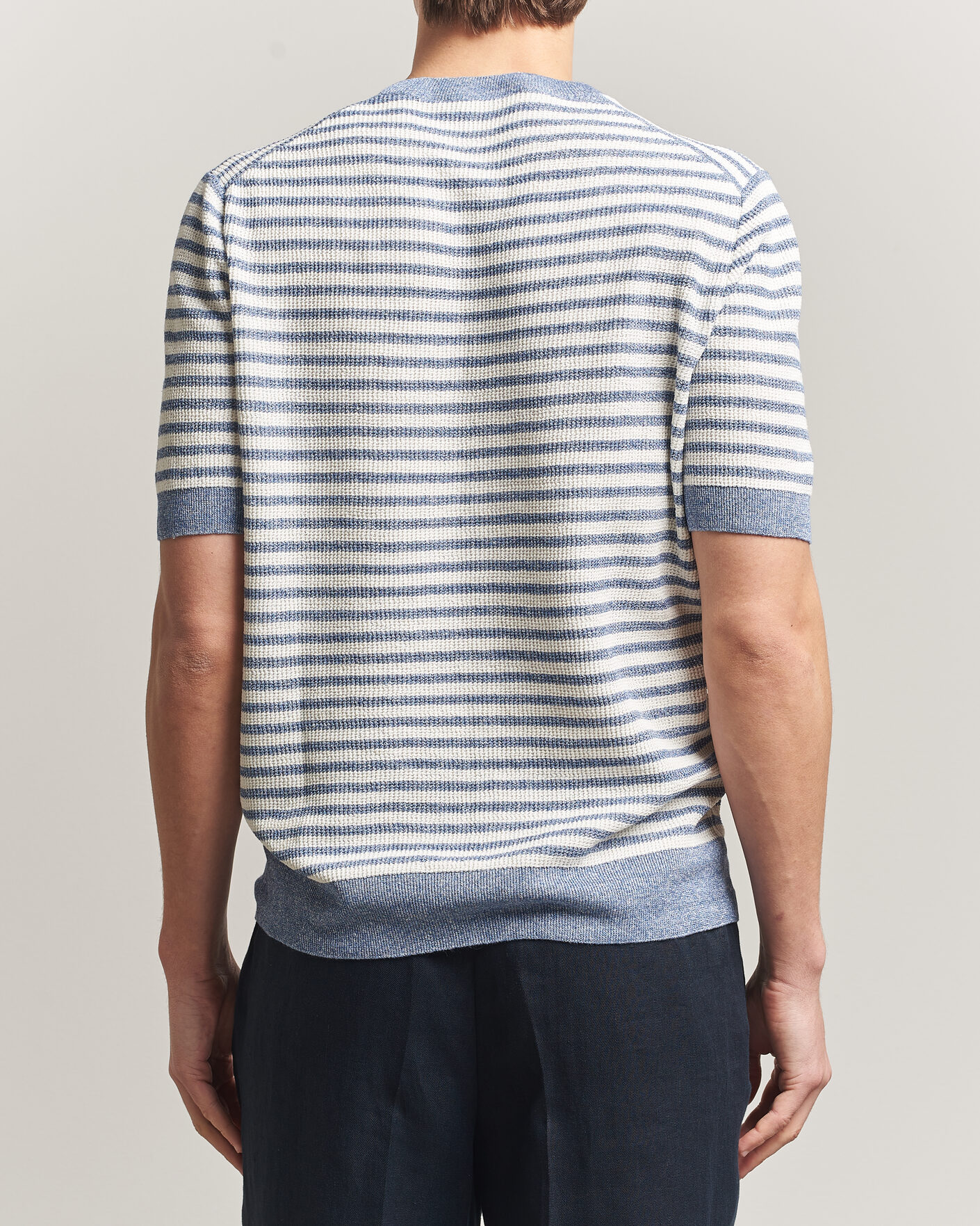 Herr | T-Shirts | Gran Sasso | Linen/Cotton Knitted Striped T-Shirt Blue/White