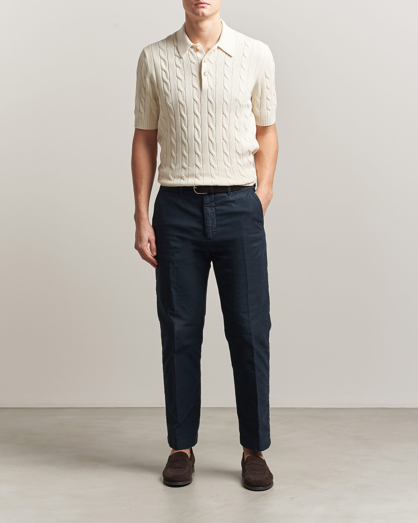 Herr | Pikéer | Gran Sasso | Cotton Cable Knitted Polo Cream
