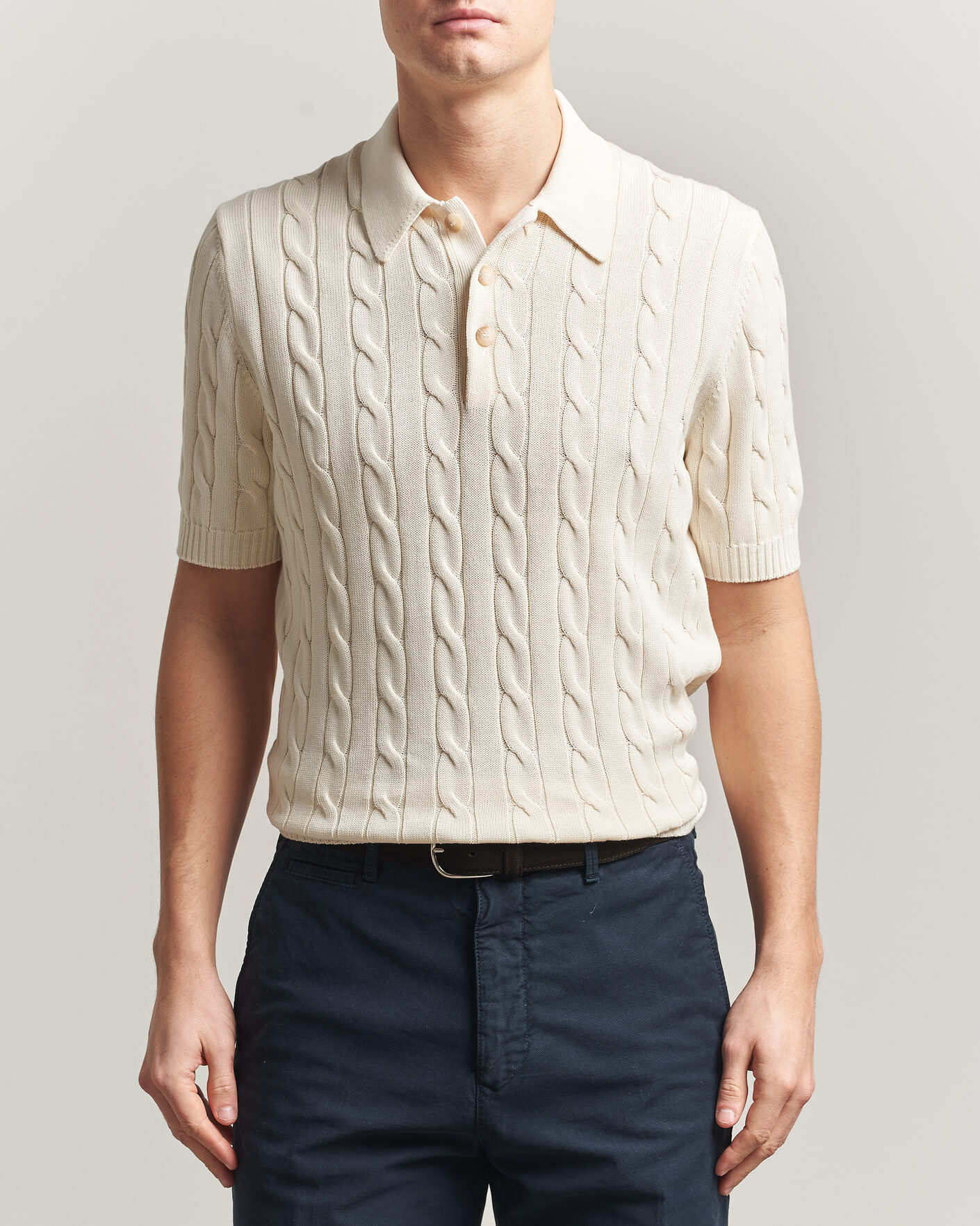 Herr | Pikéer | Gran Sasso | Cotton Cable Knitted Polo Cream