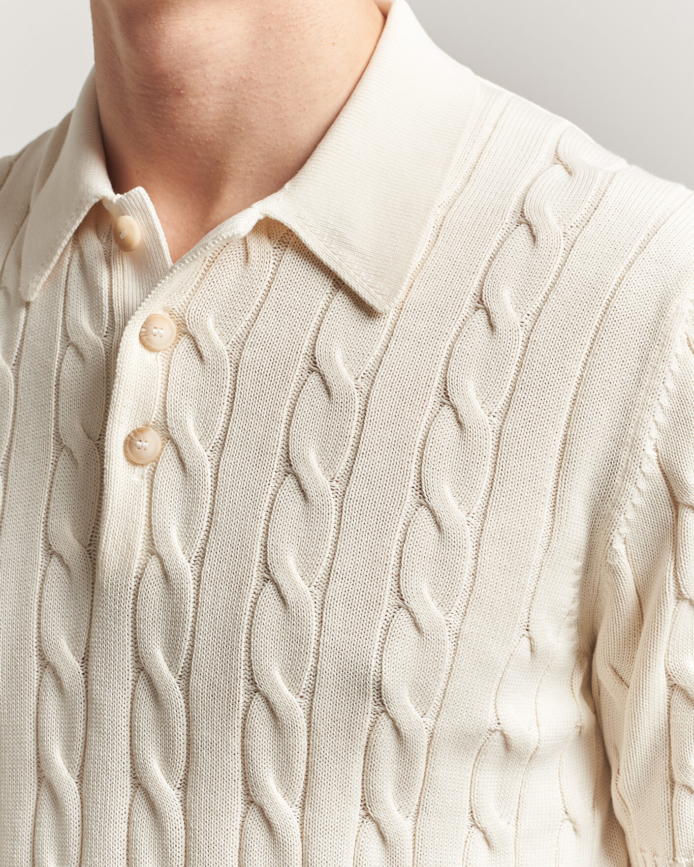 Herr | Pikéer | Gran Sasso | Cotton Cable Knitted Polo Cream
