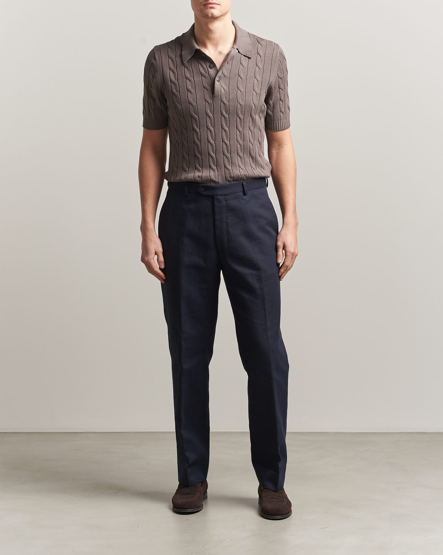 Herr | Pikéer | Gran Sasso | Cotton Cable Knitted Polo Brown