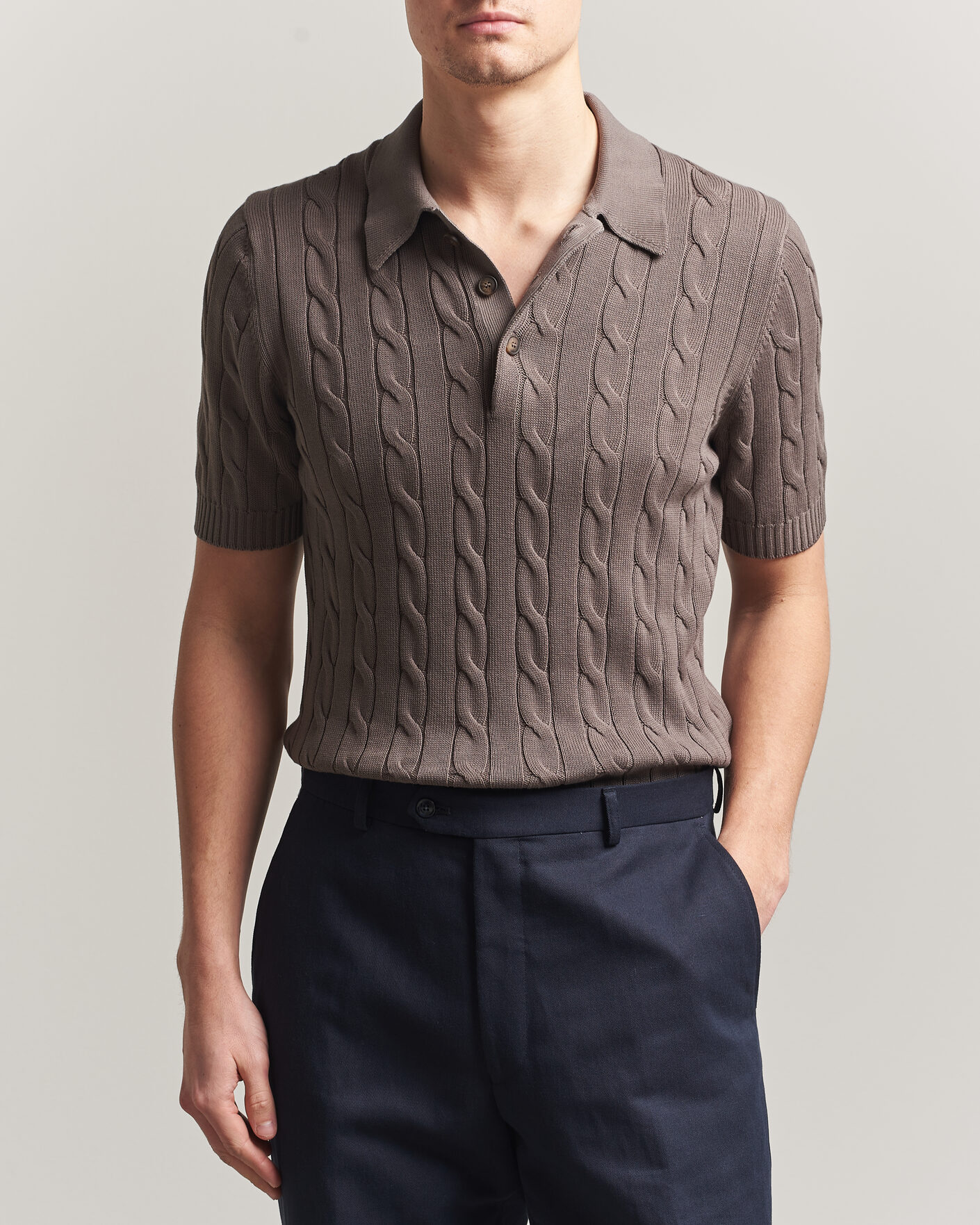 Herr | Pikéer | Gran Sasso | Cotton Cable Knitted Polo Brown