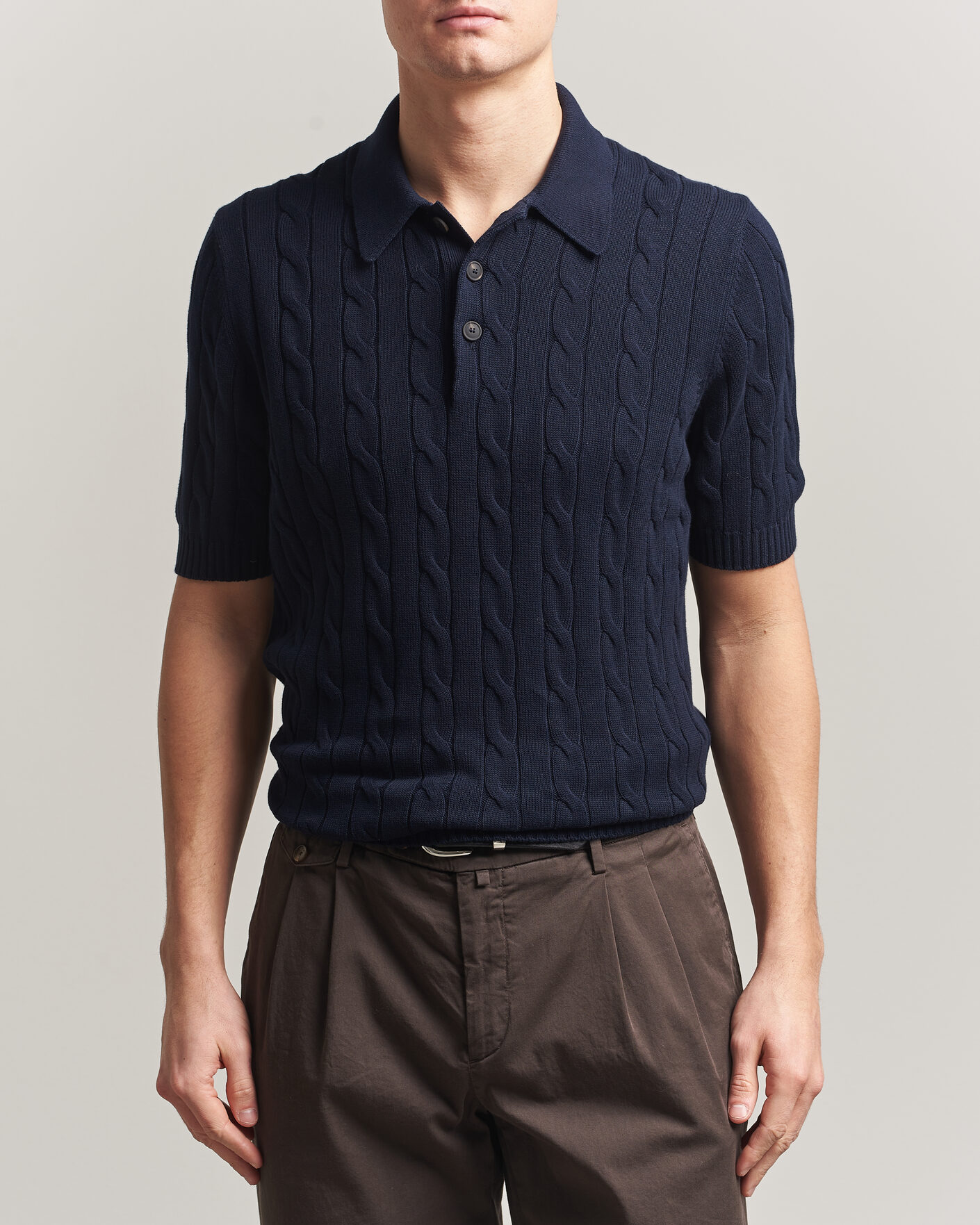 Herr | Pikéer | Gran Sasso | Cotton Cable Knitted Polo Navy
