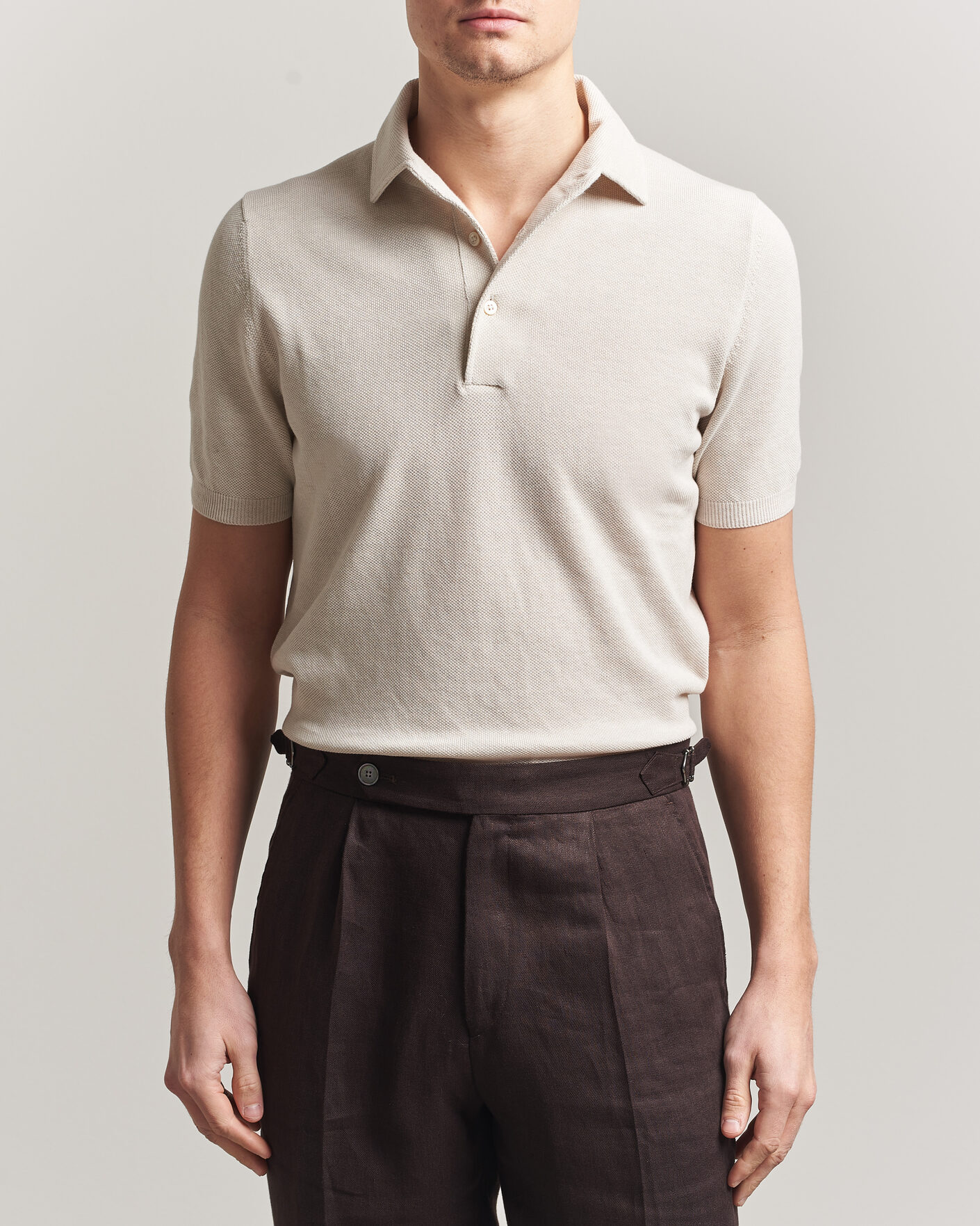 Herr | Pikéer | Gran Sasso | Cotton Textured Knitted Polo Light Beige