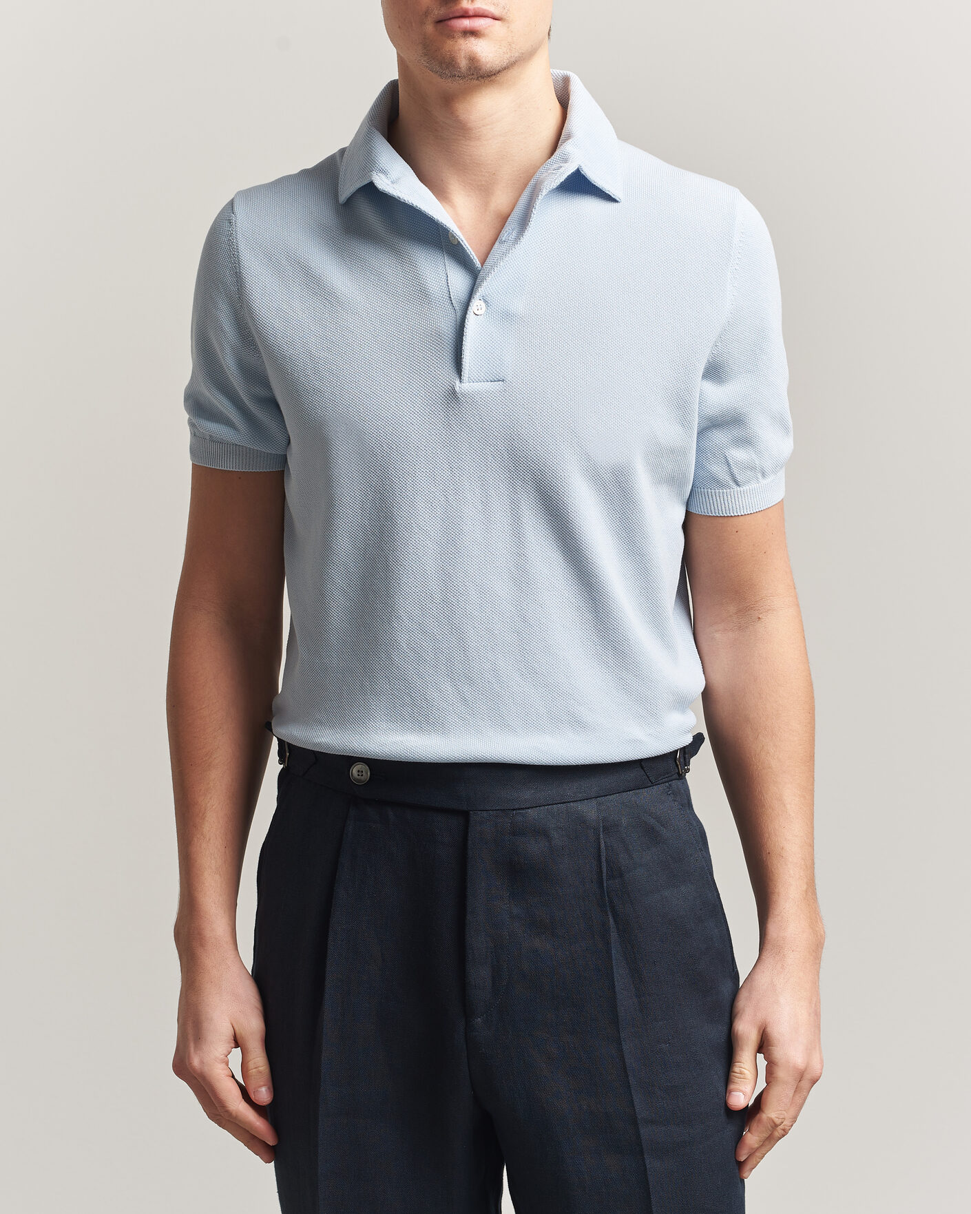 Herr | Pikéer | Gran Sasso | Cotton Textured Knitted Polo Light Blue