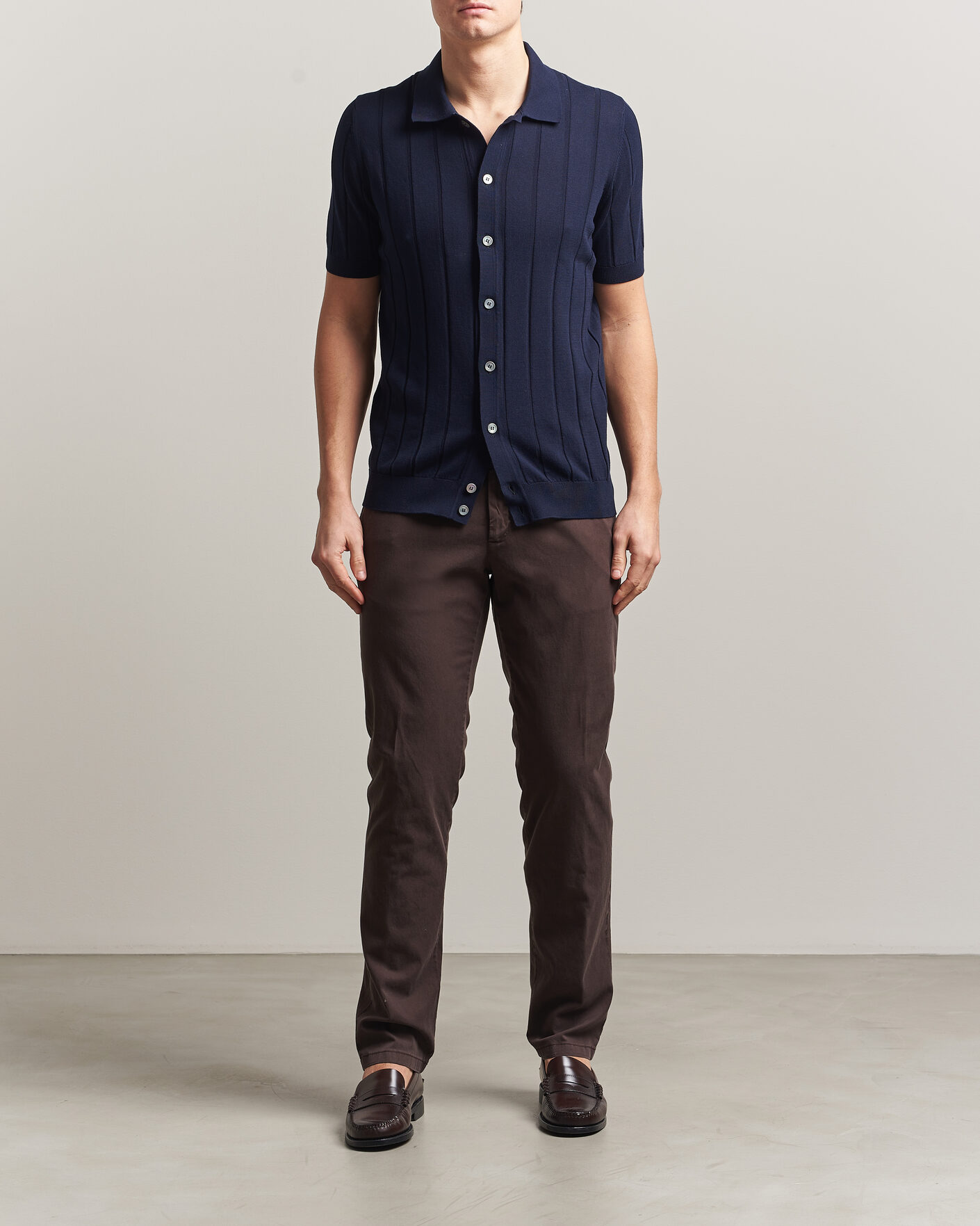 Herr | Skjortor | Gran Sasso | Cotton Ribbed Knitted Resort Shirt Navy