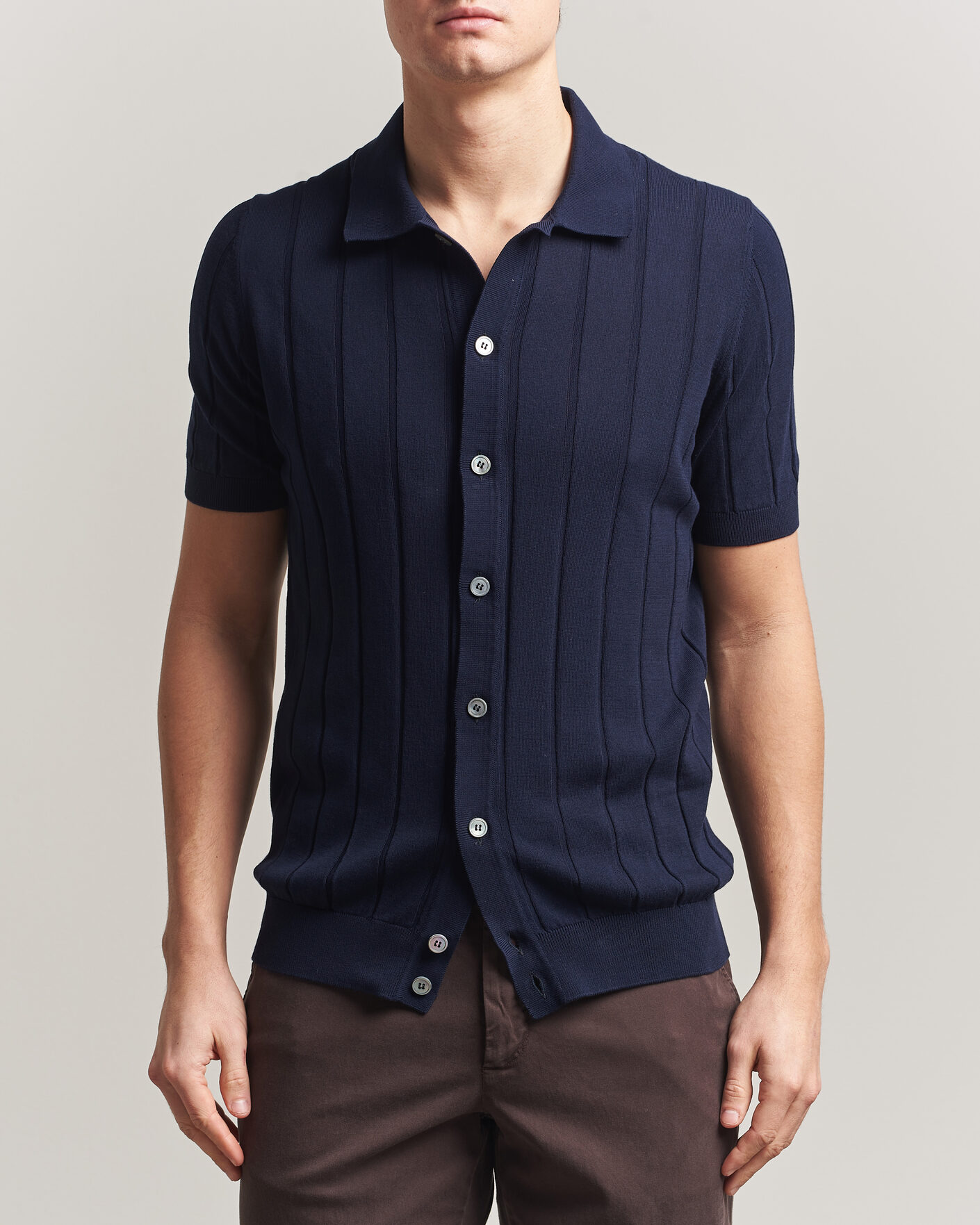 Herr | Skjortor | Gran Sasso | Cotton Ribbed Knitted Resort Shirt Navy