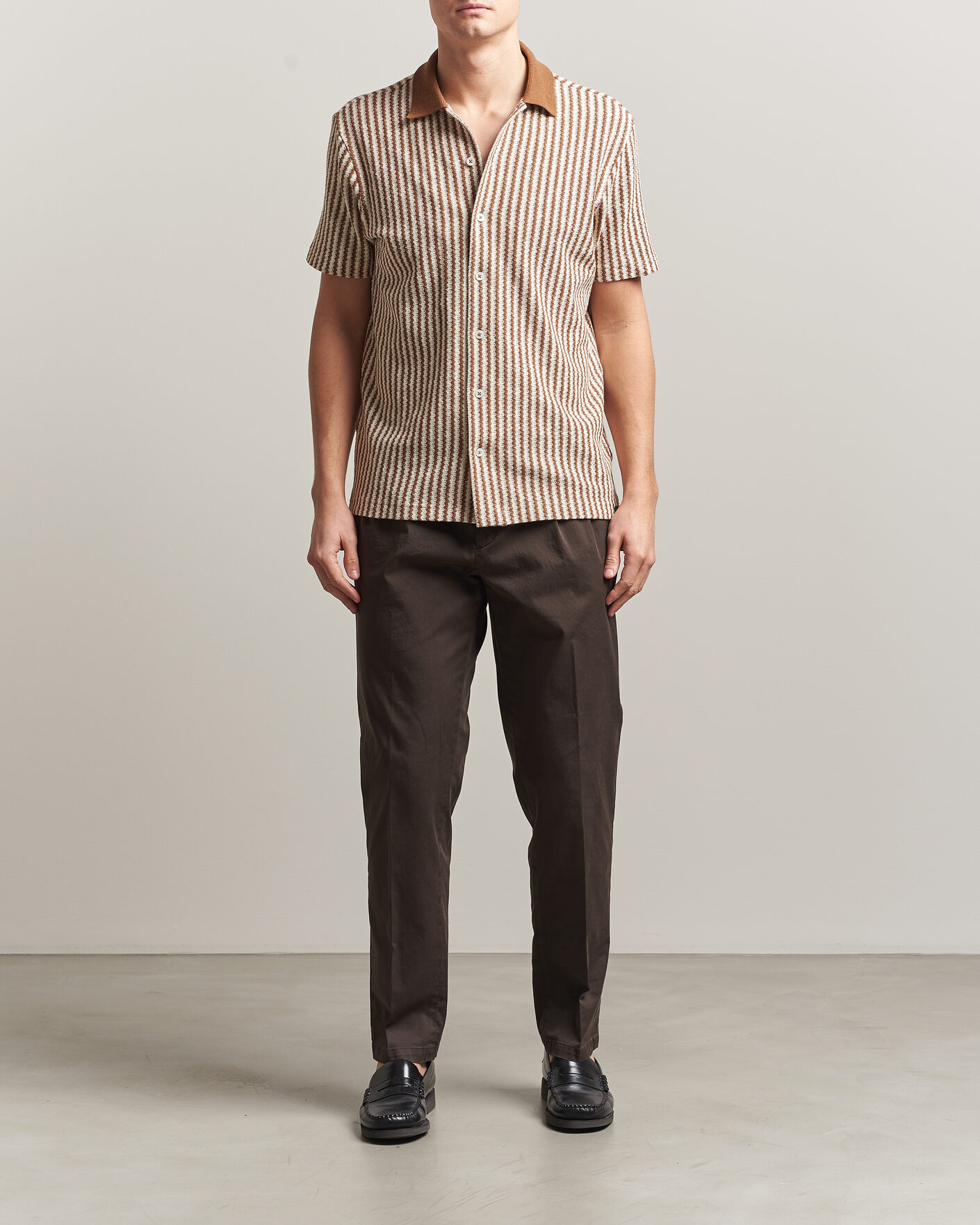 Herr | Skjortor | Gran Sasso | Cotton Knitted Striped Resort Shirt Brown/White