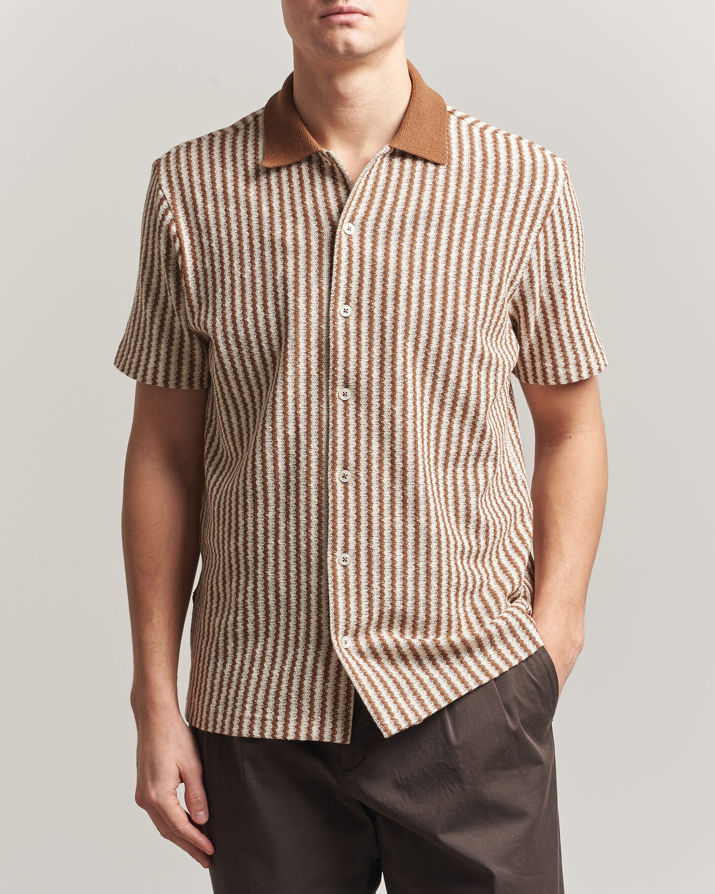 Herr | Skjortor | Gran Sasso | Cotton Knitted Striped Resort Shirt Brown/White