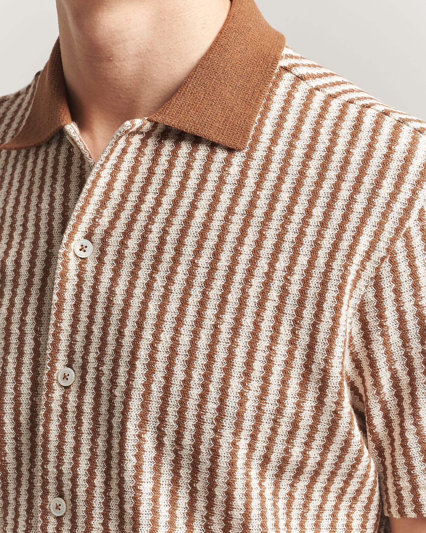 Herr | Skjortor | Gran Sasso | Cotton Knitted Striped Resort Shirt Brown/White
