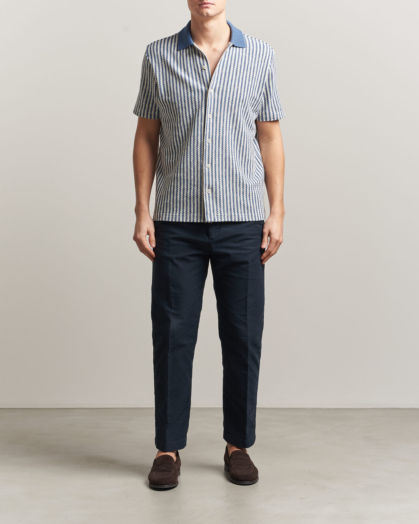 Herr | Skjortor | Gran Sasso | Cotton Knitted Striped Resort Shirt Blue/white