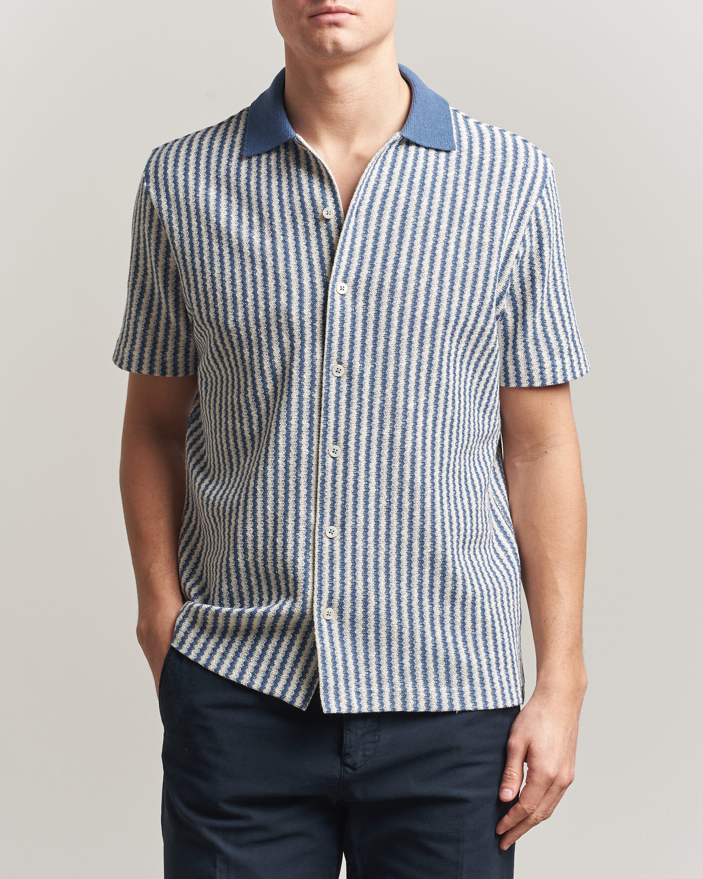 Herr | Skjortor | Gran Sasso | Cotton Knitted Striped Resort Shirt Blue/white