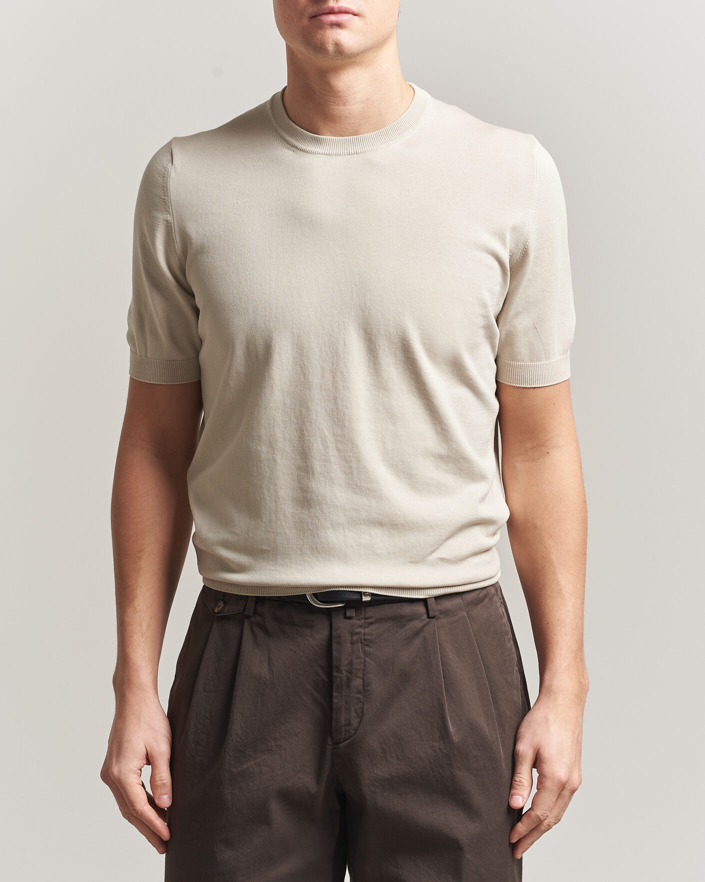 Herr | T-Shirts | Gran Sasso | Cotton Knitted Crew Neck T-Shirt Beige Melange