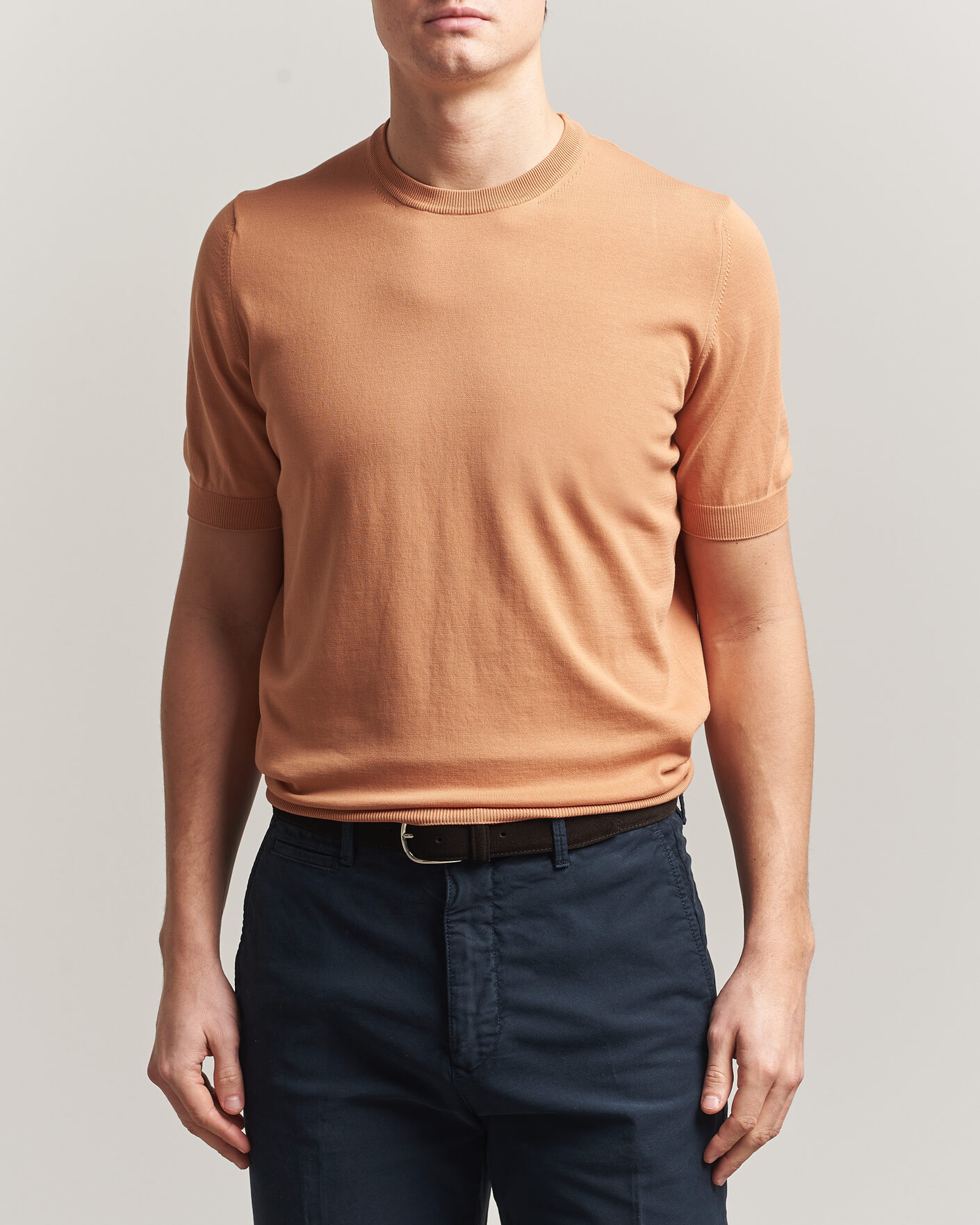 Herr | T-Shirts | Gran Sasso | Cotton Knitted Crew Neck T-Shirt Apricot Orange Melange