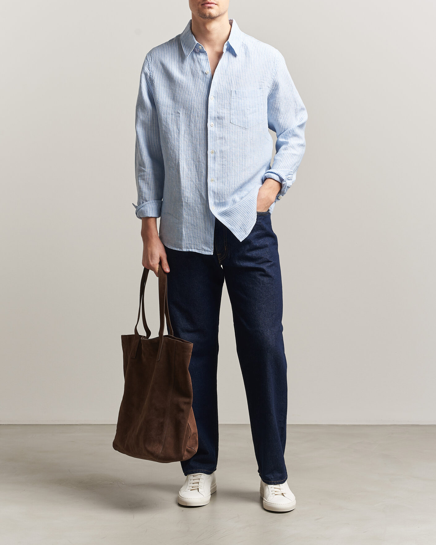 Herr | Skjortor | A Day's March | Daintree Striped Linen Shirt Light Blue/White