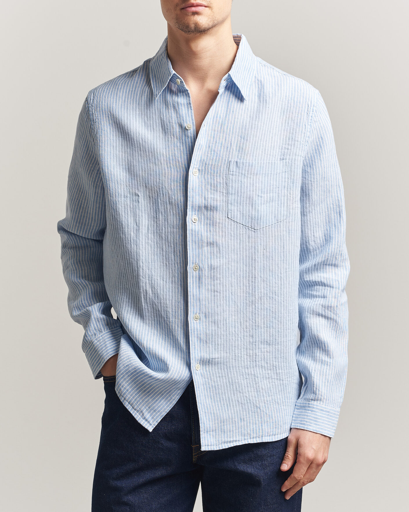 Herr | Skjortor | A Day's March | Daintree Striped Linen Shirt Light Blue/White
