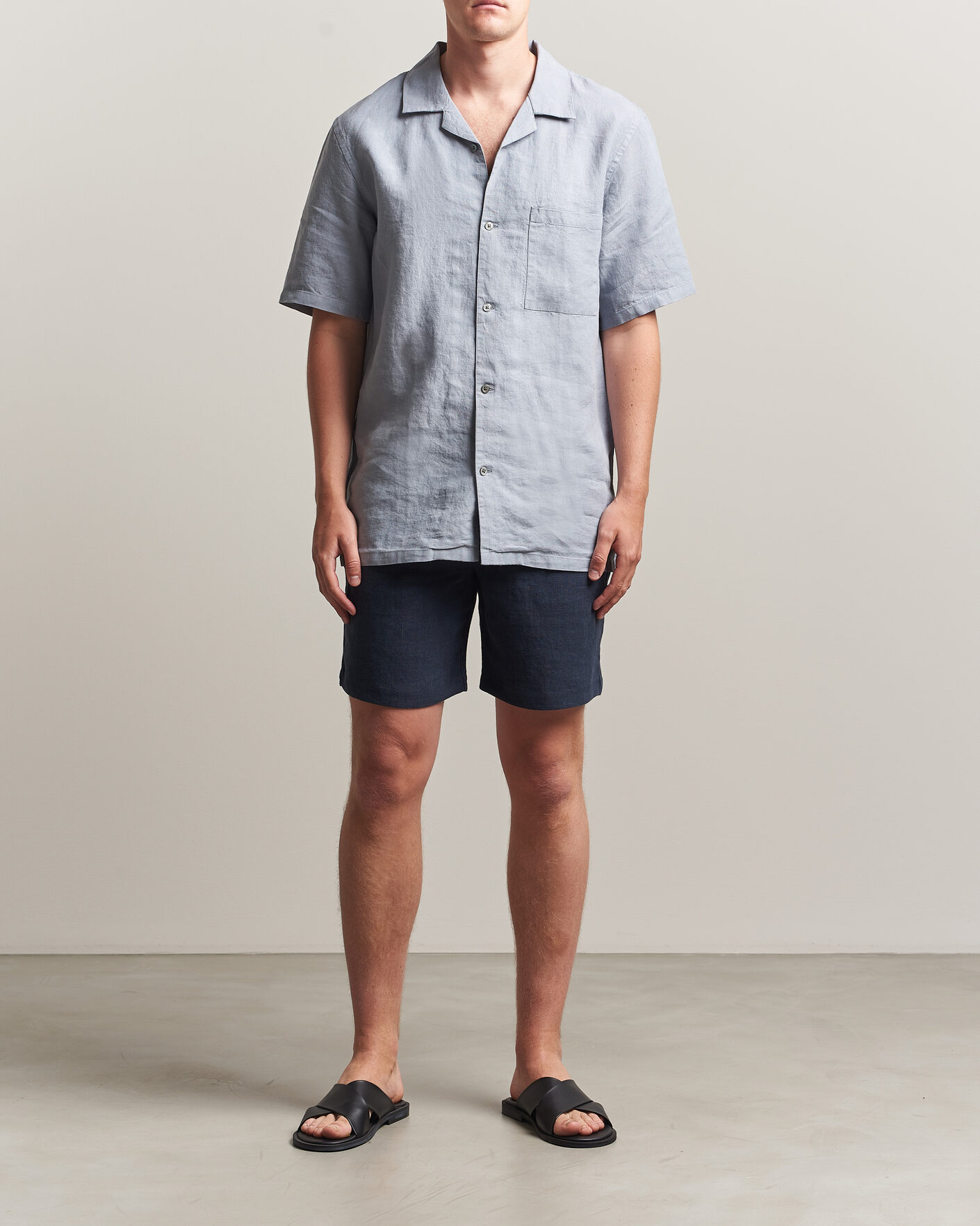 Herr | Skjortor | A Day's March | Yamu Linen Short Sleeve Shirt Rock Blue