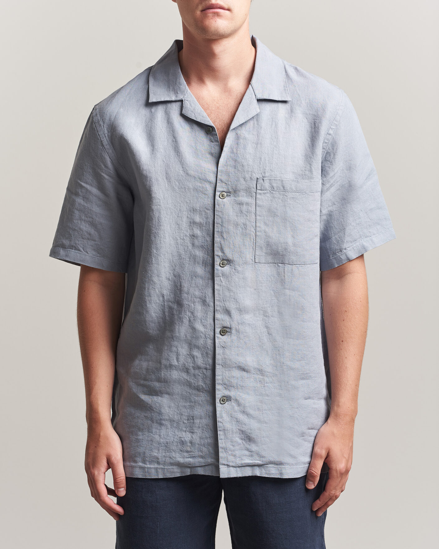 Herr | Skjortor | A Day's March | Yamu Linen Short Sleeve Shirt Rock Blue